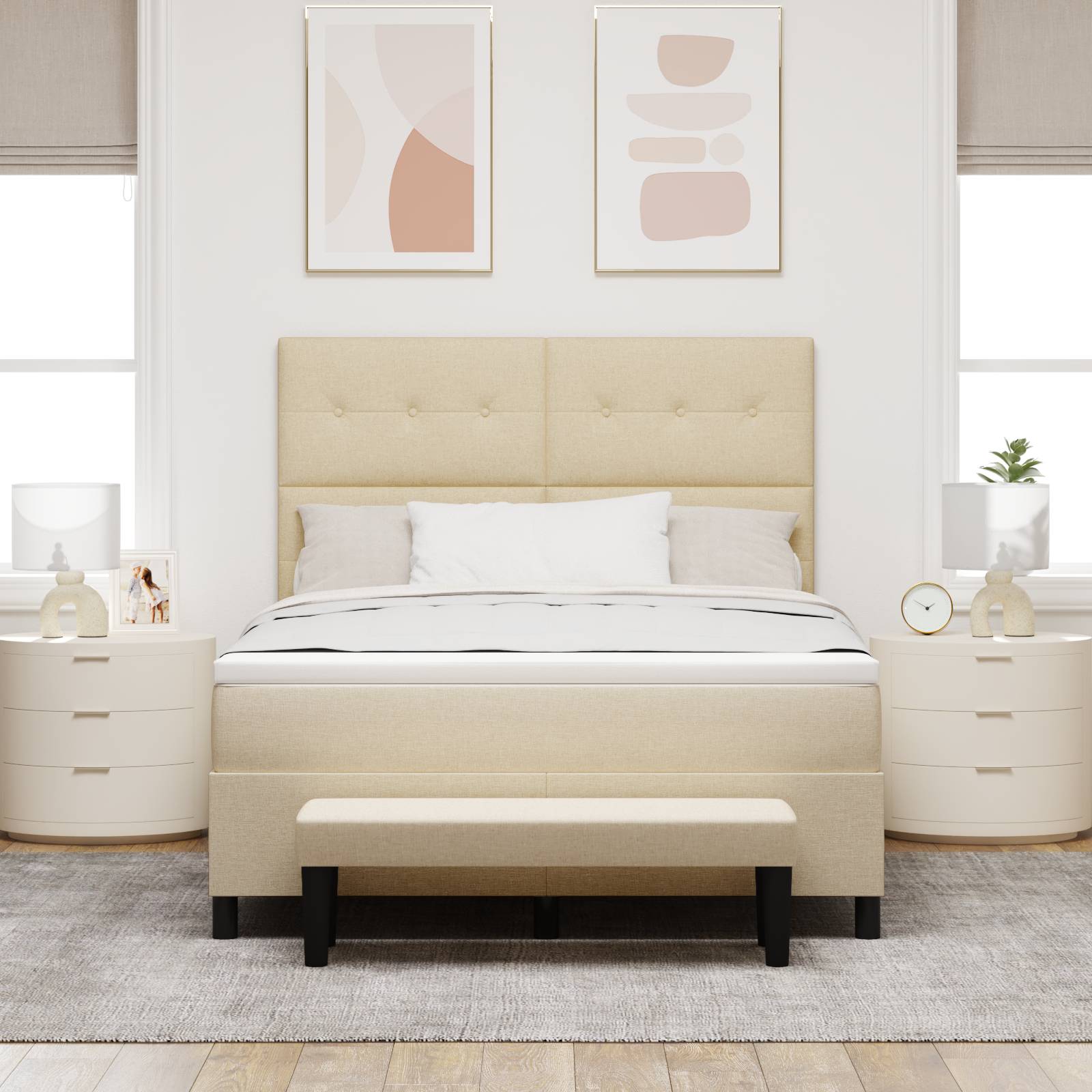 vidaXL Boxspringbett mit Matratze &amp; Bank Creme 140x190 cm Stoff