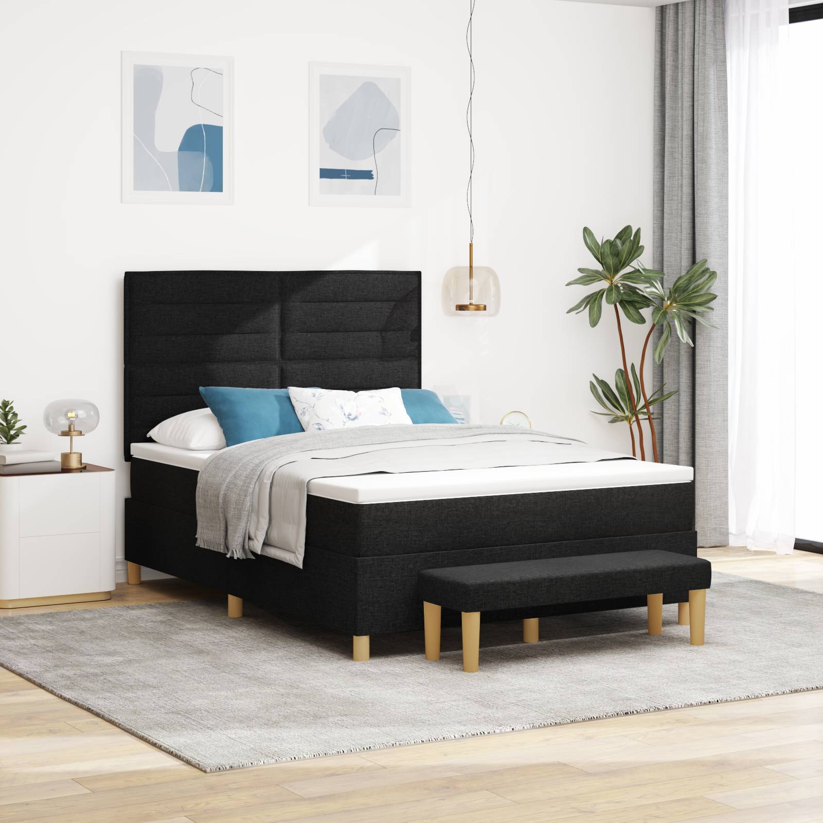vidaXL Boxspringbett mit Matratze & Bank Schwarz 140x200 cm Stoff
