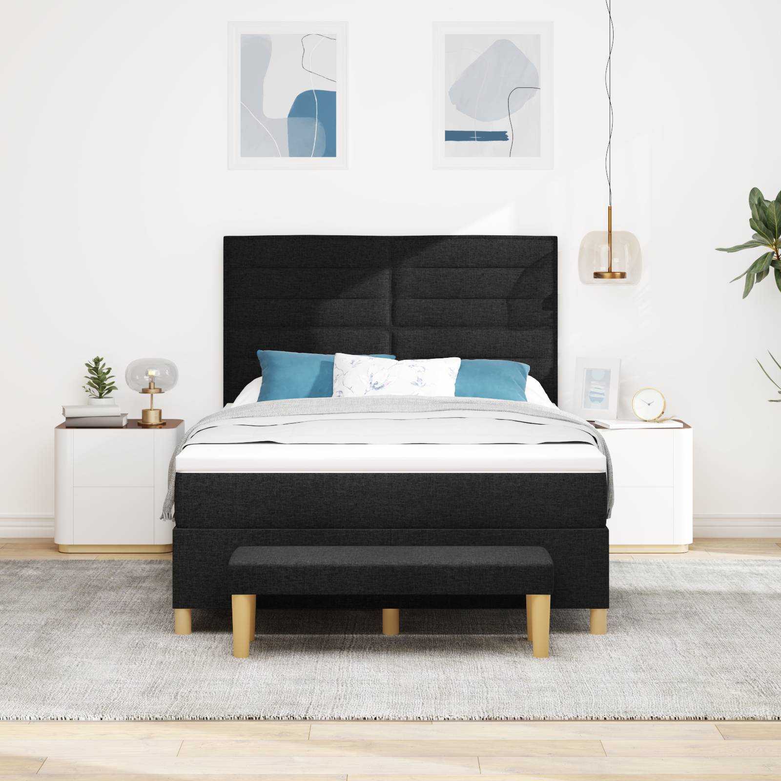 vidaXL Boxspringbett mit Matratze & Bank Schwarz 140x200 cm Stoff