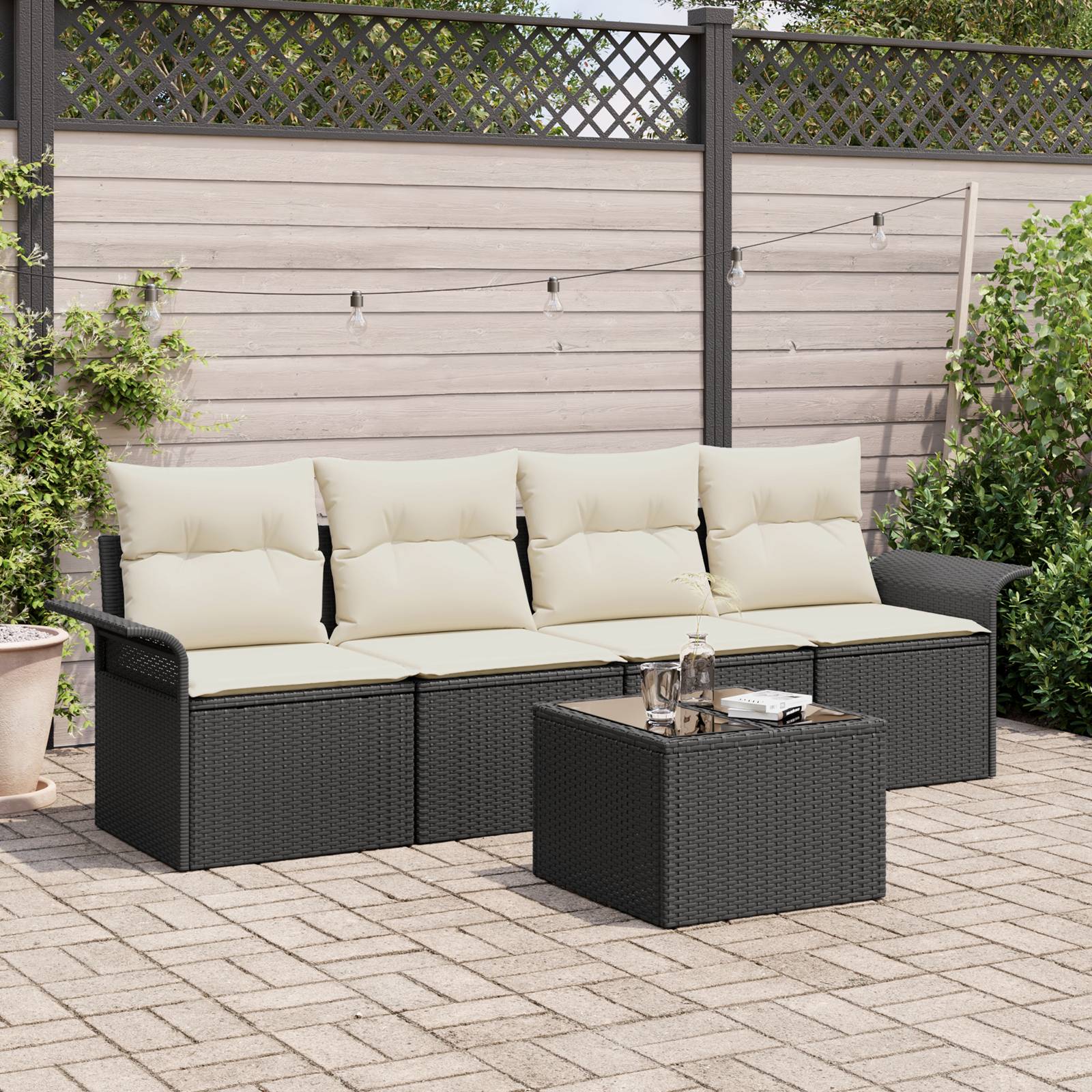 vidaXL 5-teiliges Garten-Sofa-Set mit Kissen - Schwarzes Poly-Rattan
