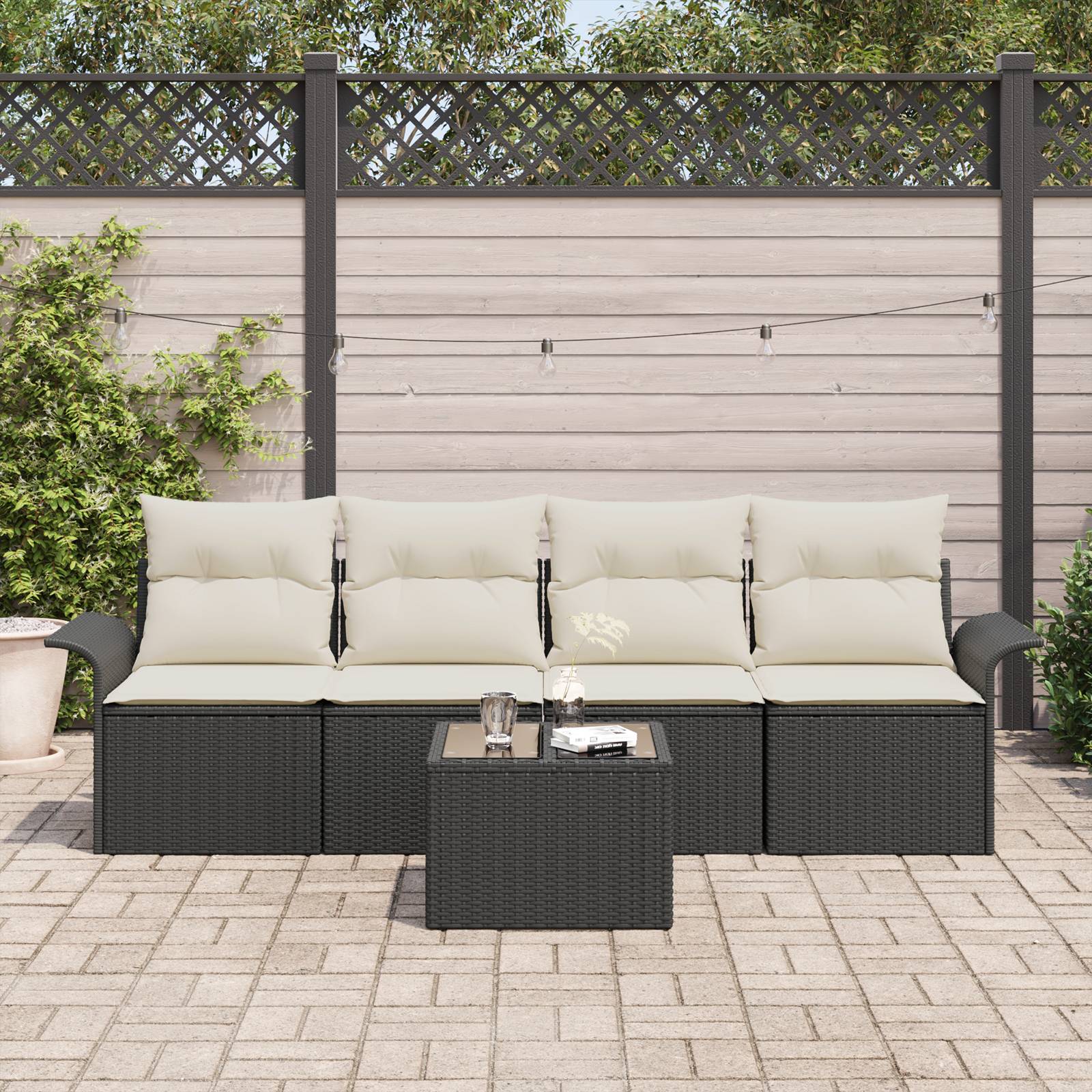 vidaXL 5-teiliges Garten-Sofa-Set mit Kissen - Schwarzes Poly-Rattan