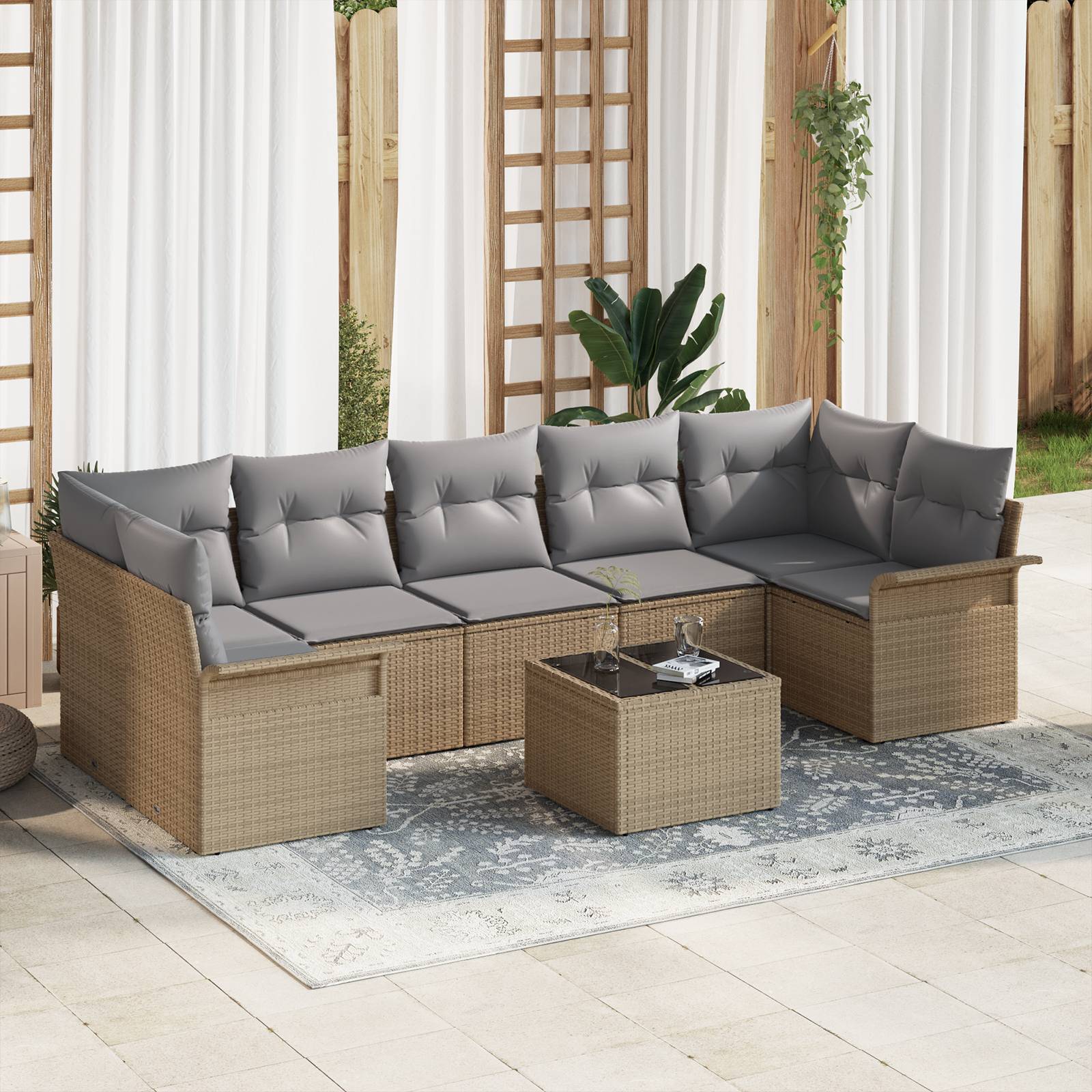 vidaXL 8-tlg. Garten-Sofagarnitur mit Kissen Beige Poly Rattan
