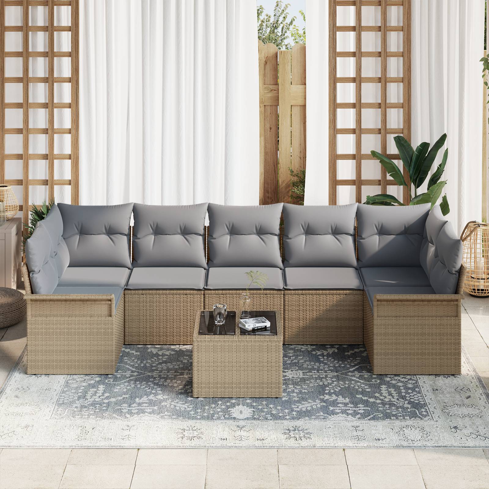 vidaXL 8-tlg. Garten-Sofagarnitur mit Kissen Beige Poly Rattan