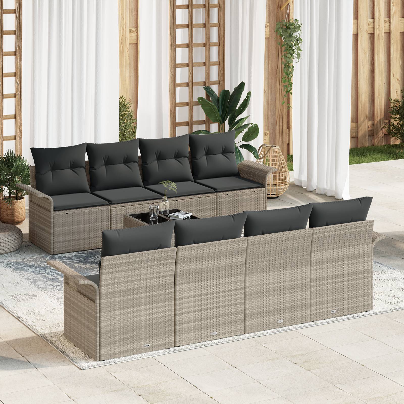vidaXL 9-teiliges Garten Sofaset mit Kissen Hellgrau Poly Rattan