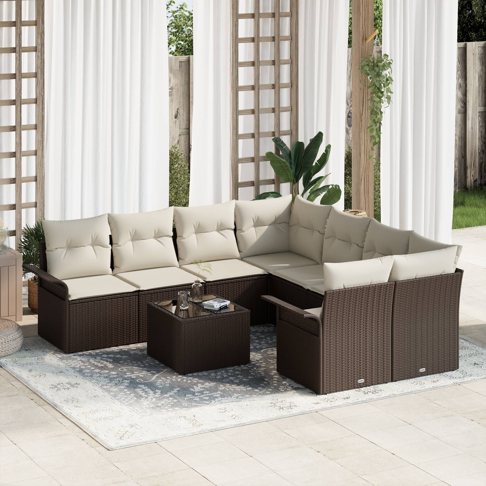 vidaXL 9-tlg. Garten-Sofagarnitur mit Kissen Braun Poly Rattan