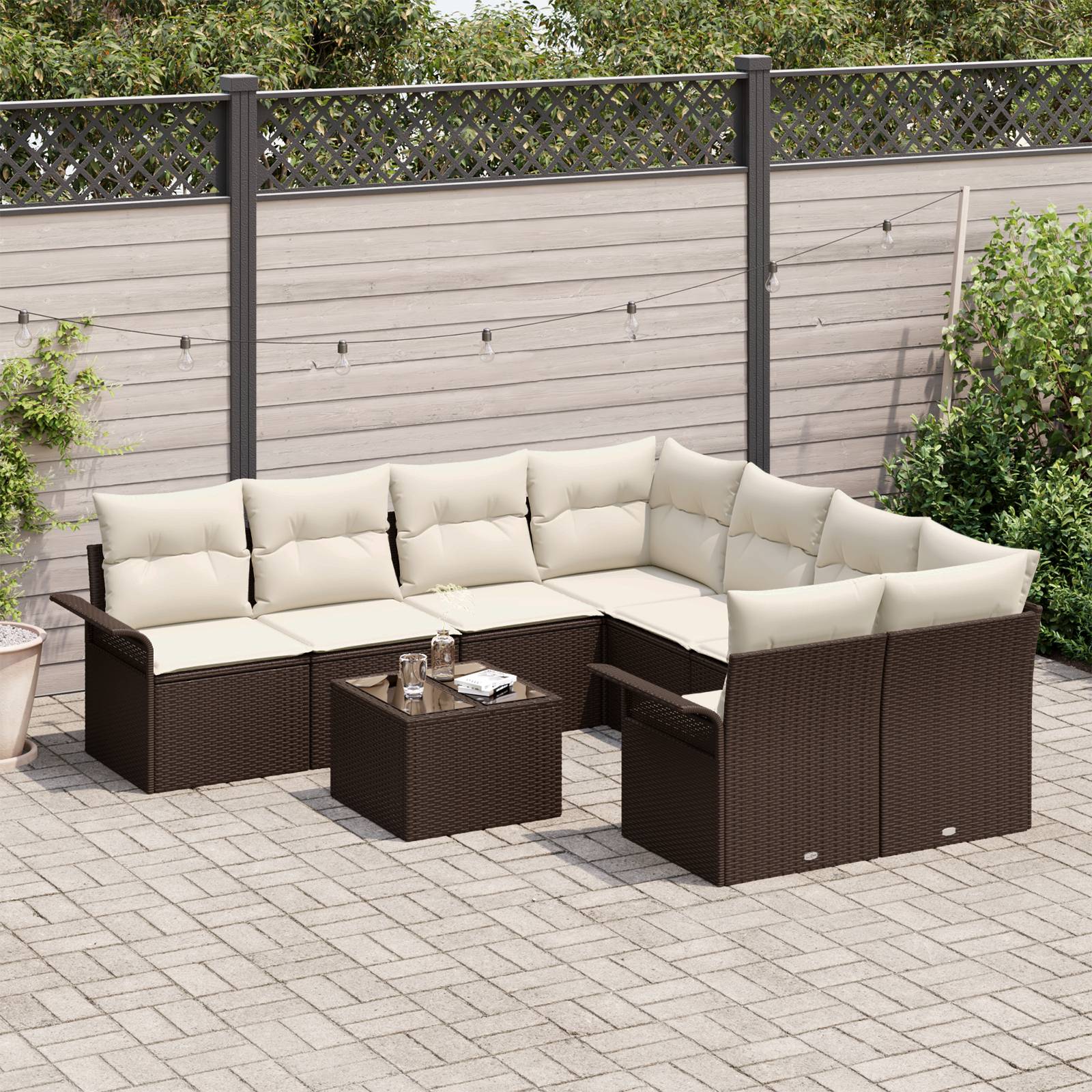 vidaXL 9-tlg. Garten-Sofagarnitur mit Kissen Braun Poly Rattan