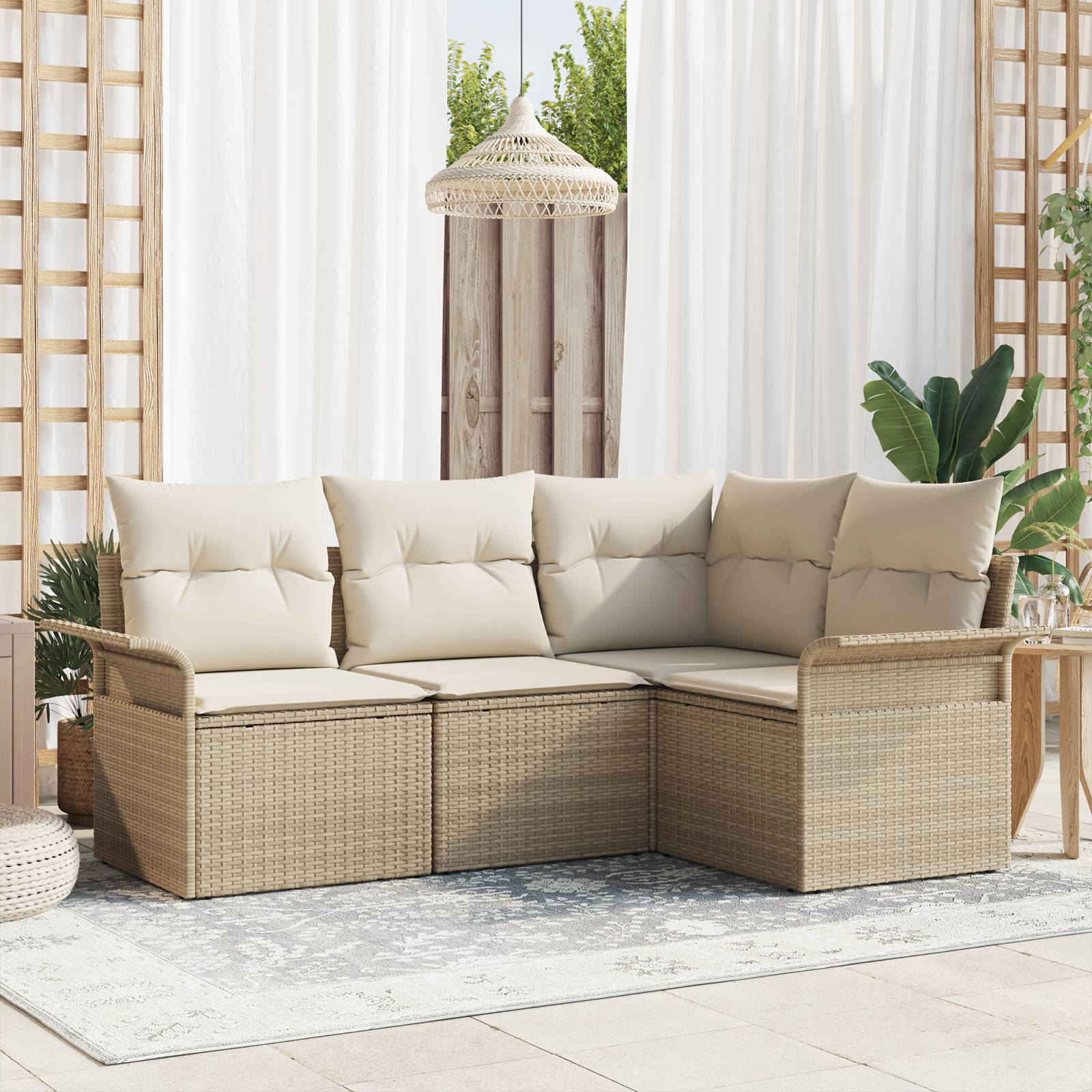 vidaXL 4-teiliges Garten Sofaset mit Kissen Beige Poly Rattan