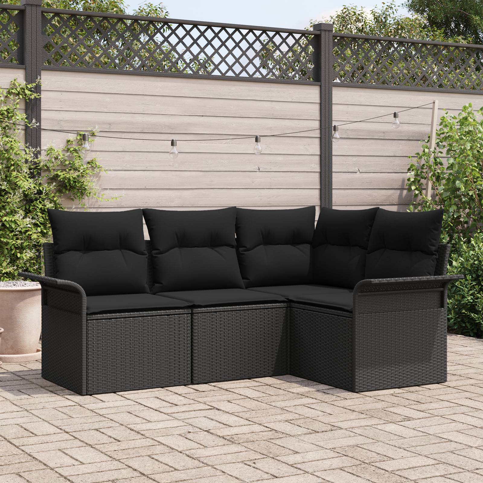 vidaXL 4-teiliges Garten-Sofa-Set mit Kissen Schwarz Poly Rattan