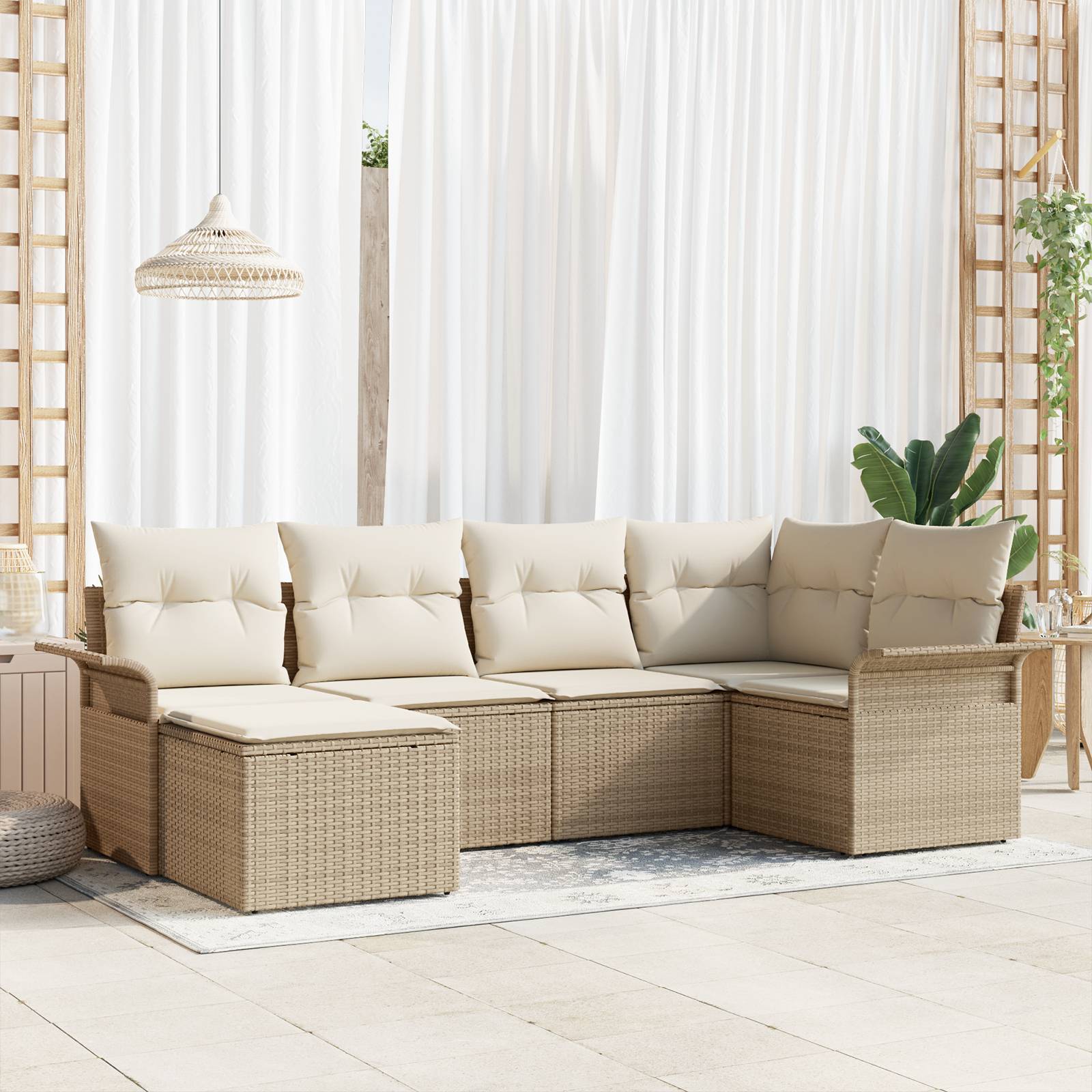 vidaXL 6-teiliges Garten-Sofa-Set mit Kissen Beige Poly-Rattan