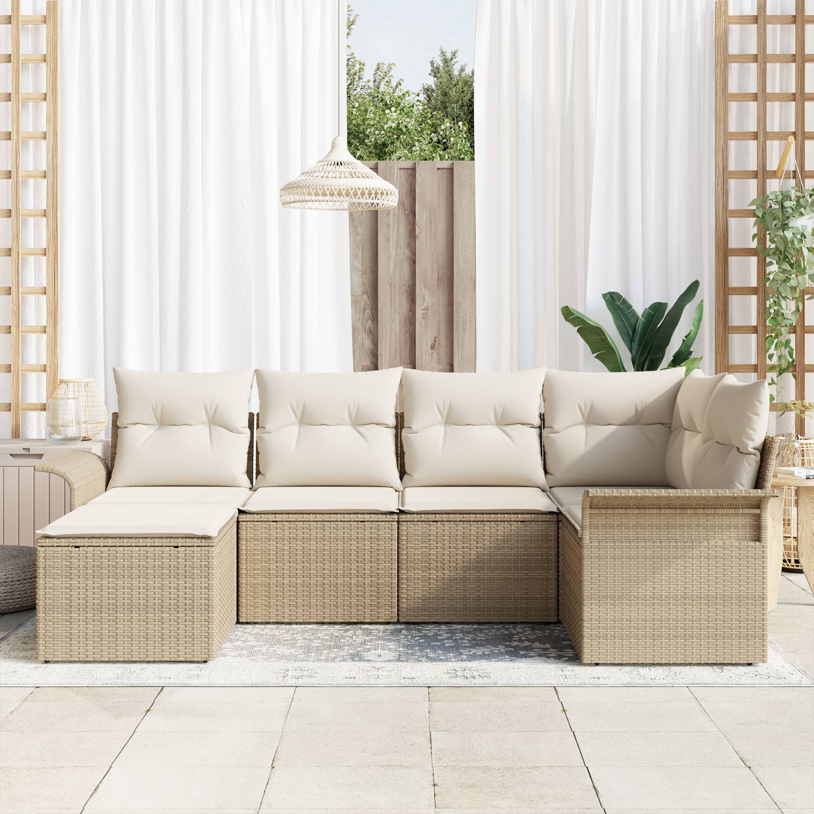 vidaXL 6-teiliges Garten-Sofa-Set mit Kissen Beige Poly-Rattan