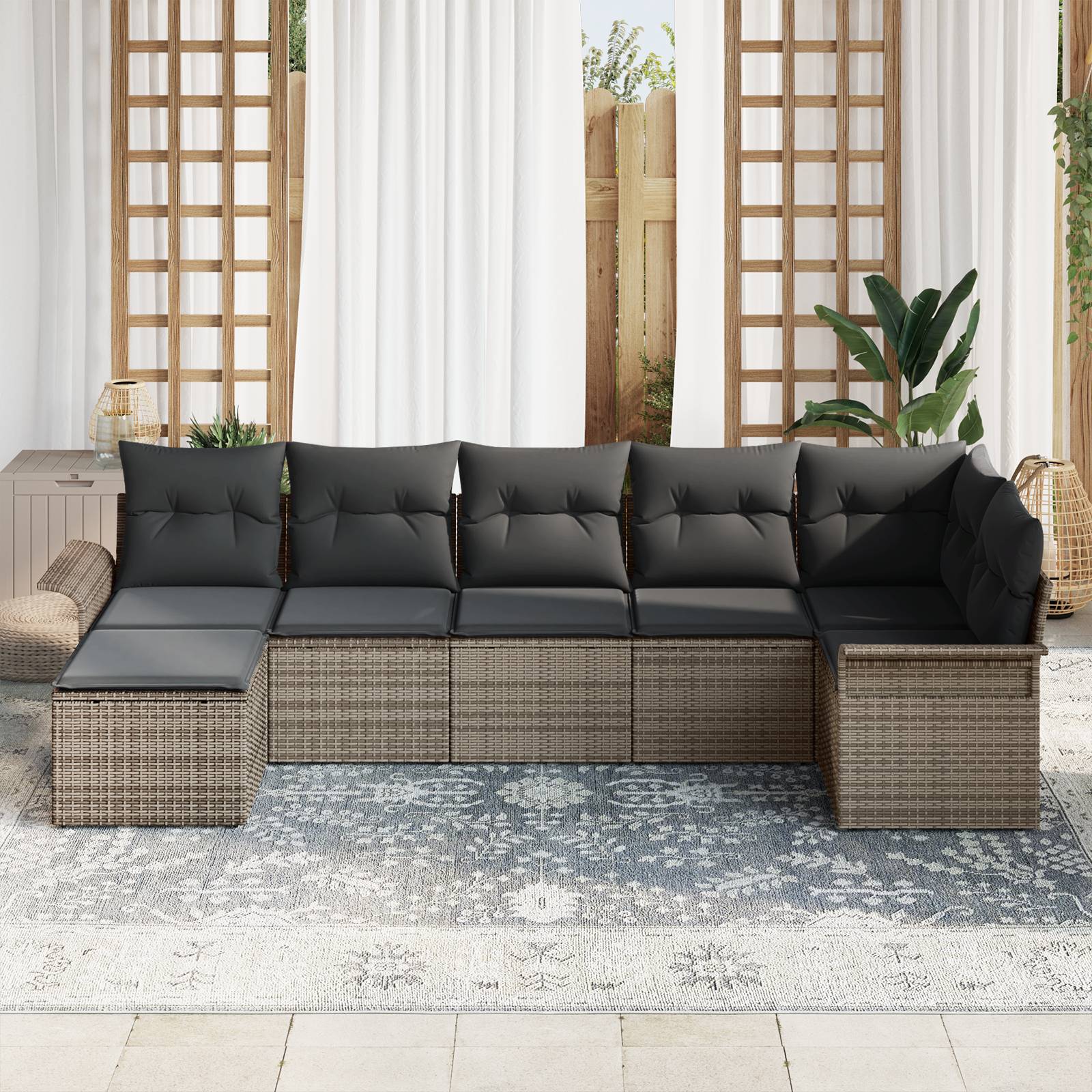vidaXL 7-teilige Garten Sofa Set mit Kissen Grau Poly Rattan