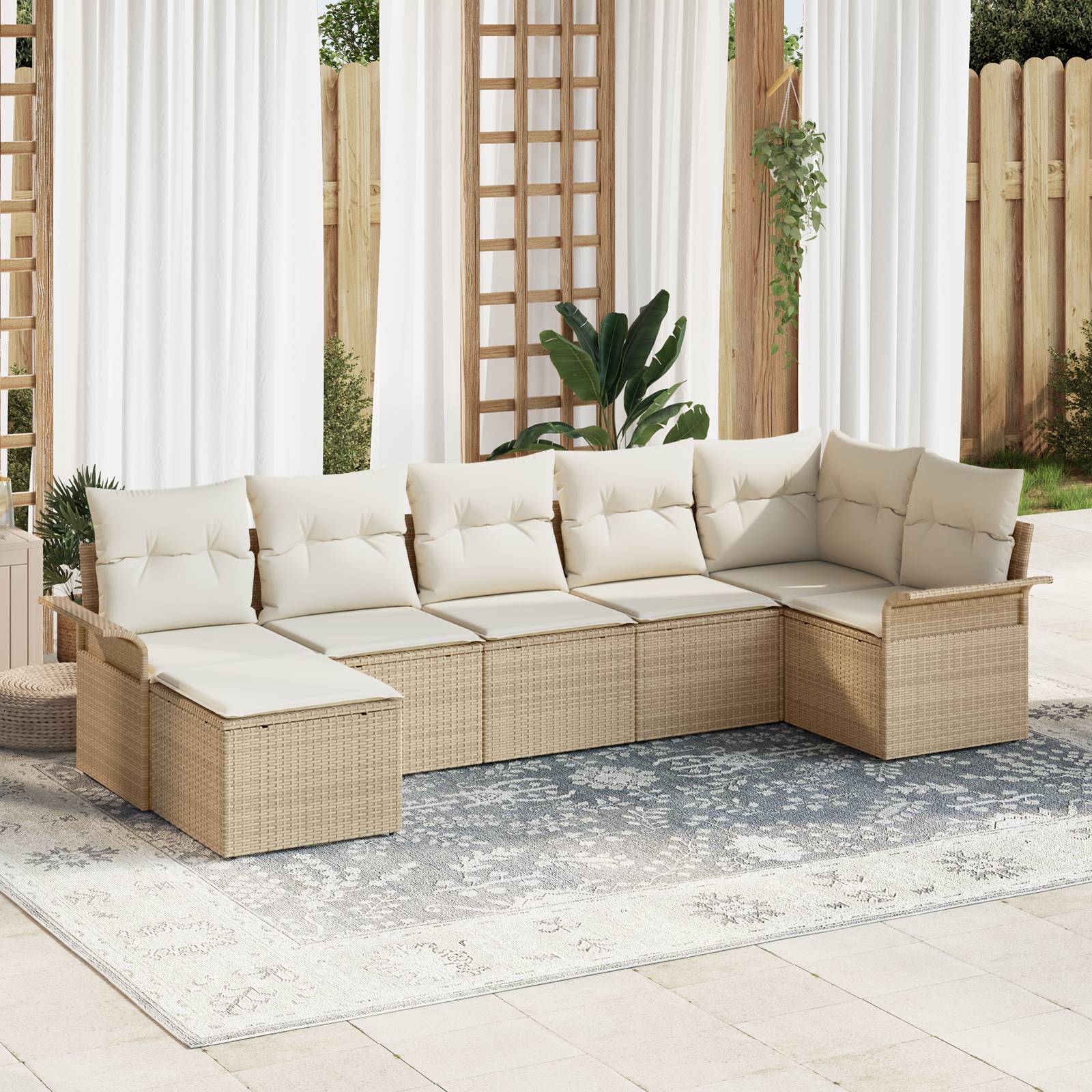 vidaXL 7-teiliges Garten-Sofa-Set mit Kissen Beige Poly Rattan