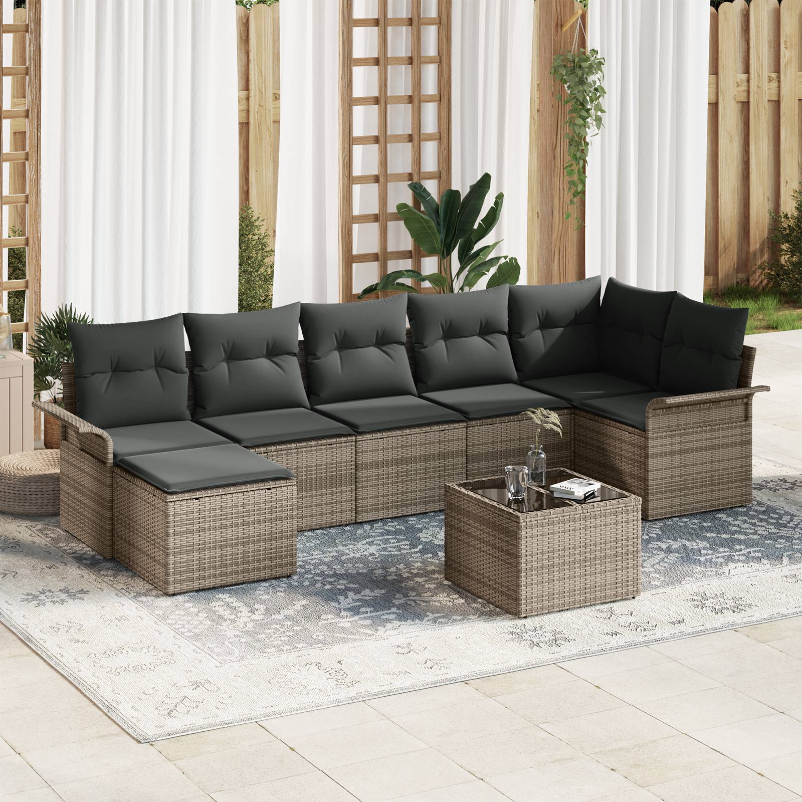 vidaXL 7-teiliges Garten Sofa Set mit Kissen Schwarz Poly-Rattan