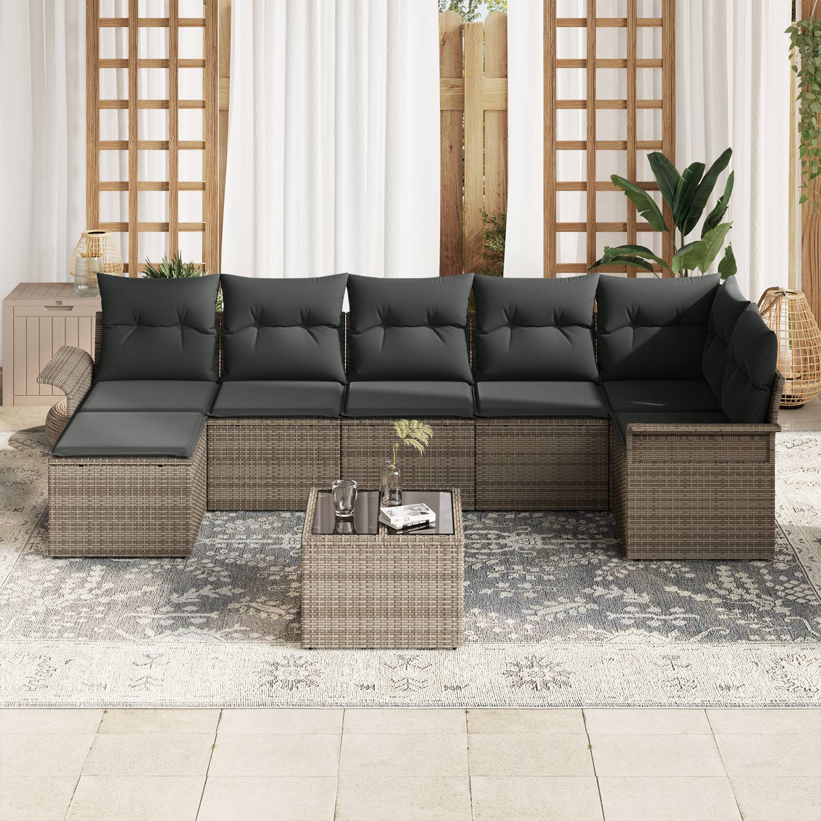 vidaXL 7-teiliges Garten Sofa Set mit Kissen Schwarz Poly-Rattan