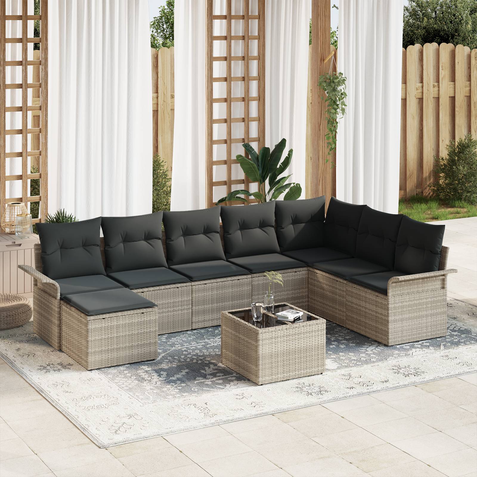 vidaXL 9-tlg. Garten-Sofagarnitur mit Kissen Grau Poly Rattan