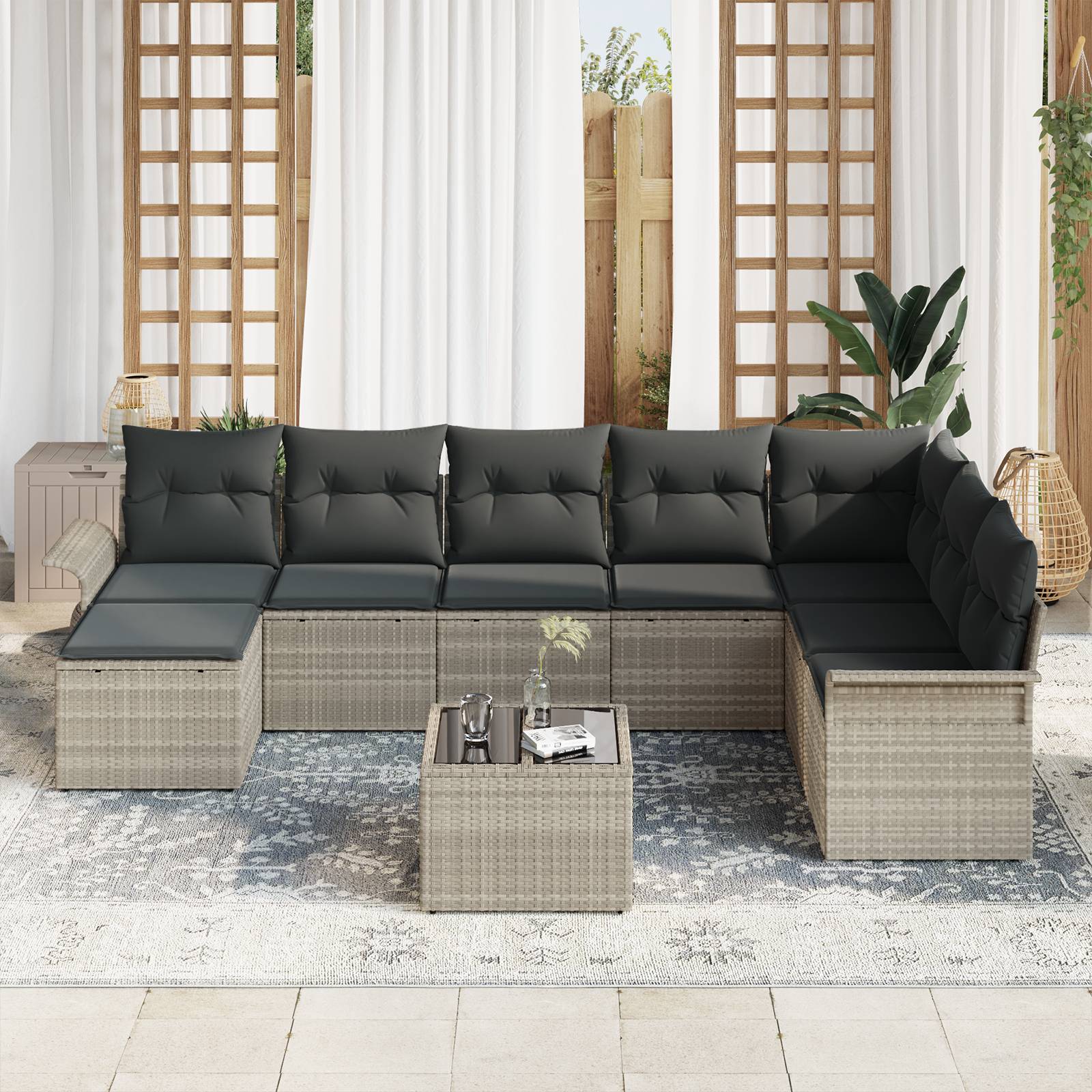 vidaXL 9-tlg. Garten-Sofagarnitur mit Kissen Grau Poly Rattan