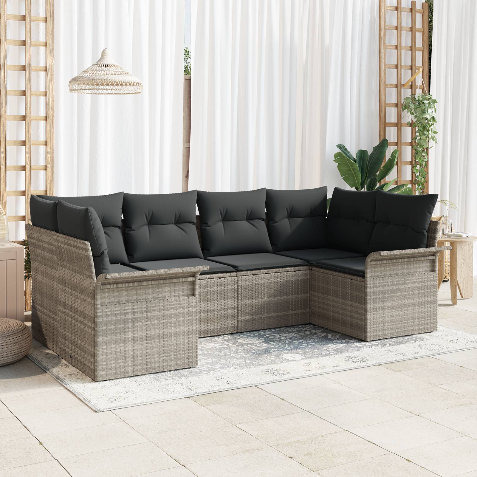 vidaXL 6-tlg. Garten-Sofagarnitur mit Kissen Hellgrau Poly Rattan