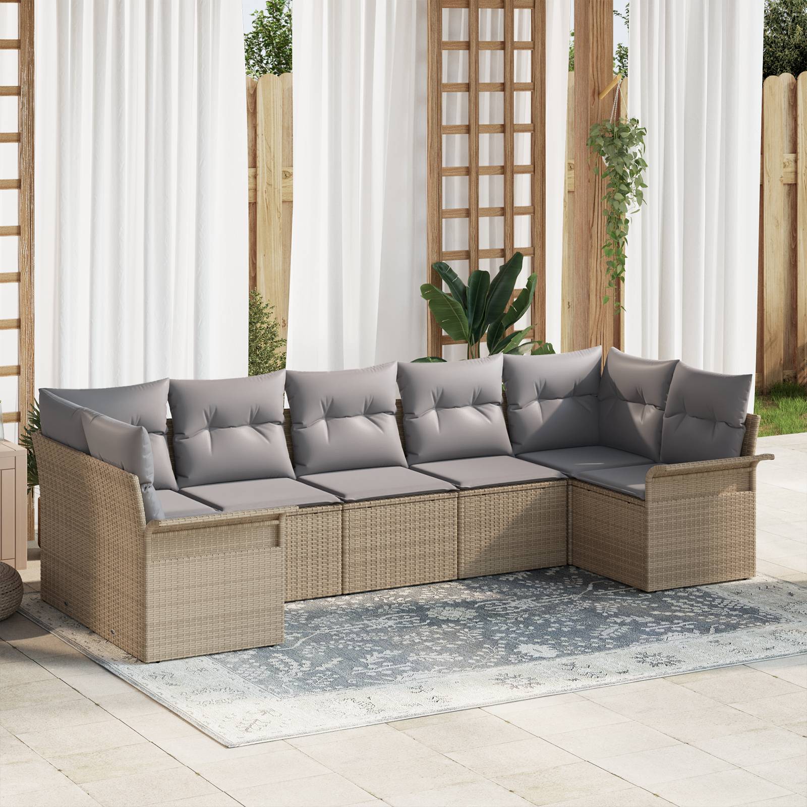 vidaXL 7-teiliges Garten Sofa Set mit Kissen Beige Poly Rattan