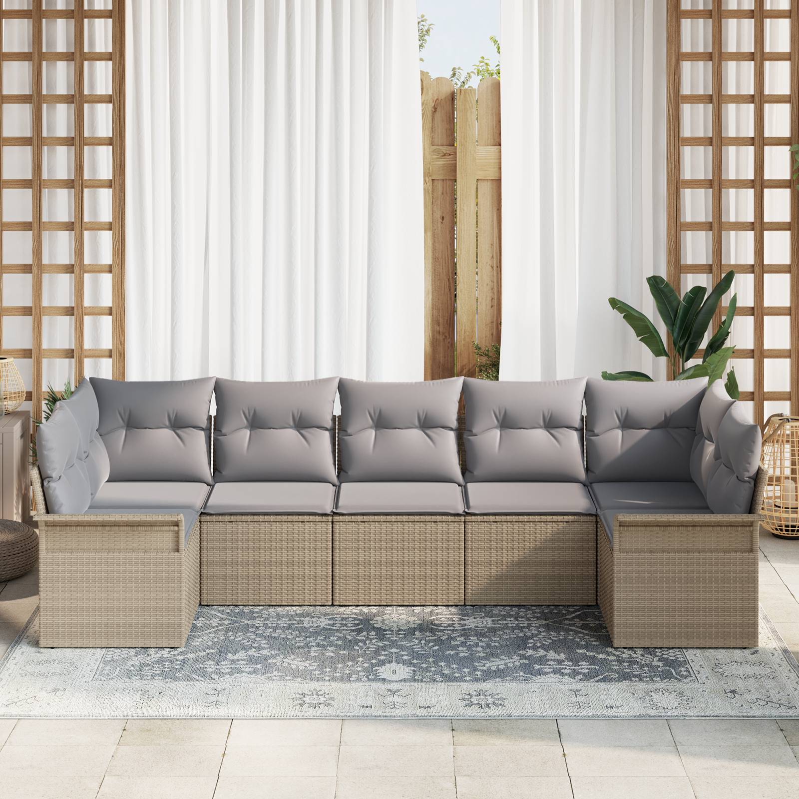 vidaXL 7-teiliges Garten Sofa Set mit Kissen Beige Poly Rattan
