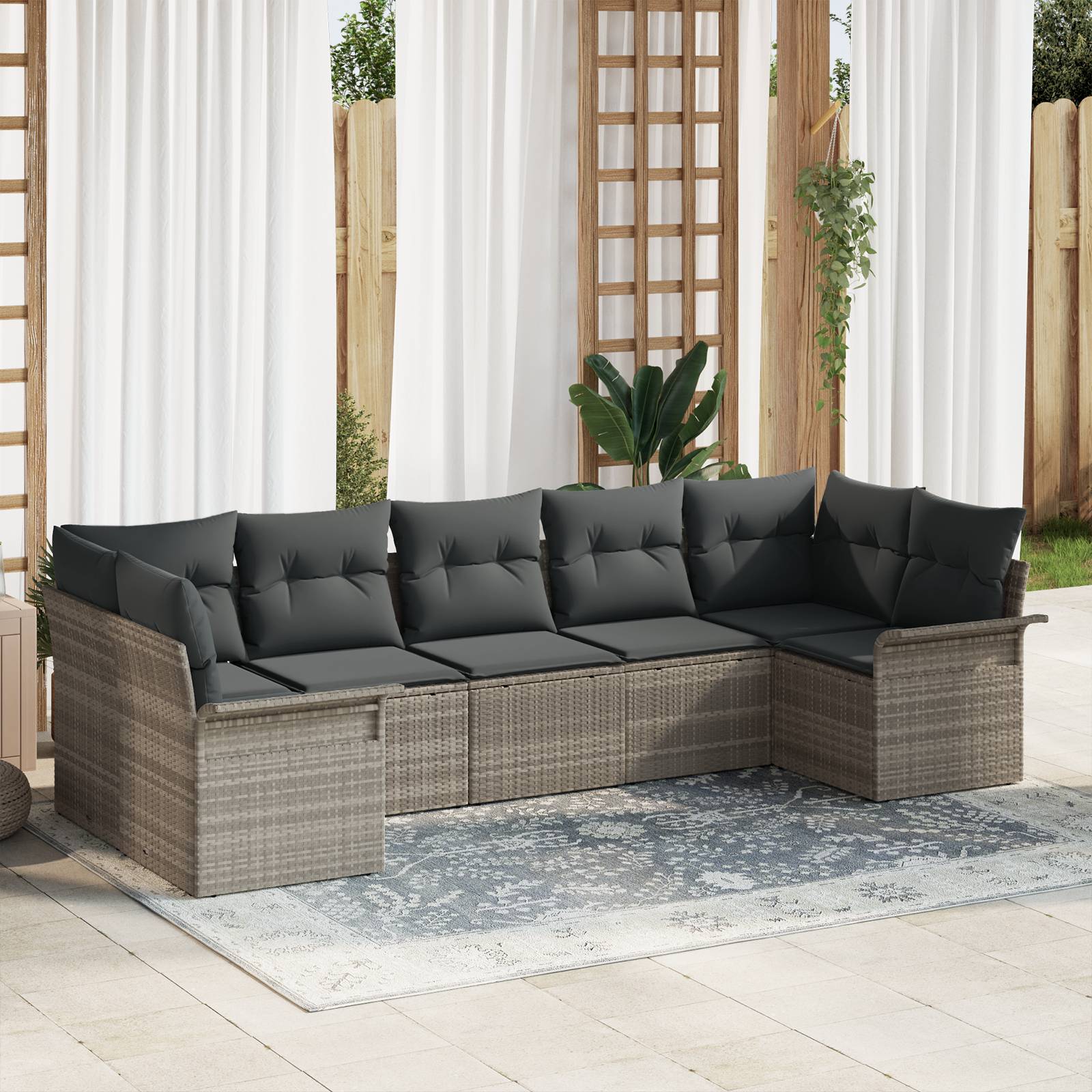 vidaXL 7-teiliges Garten-Sofa-Set mit Kissen Hellgrau Poly-Rattan