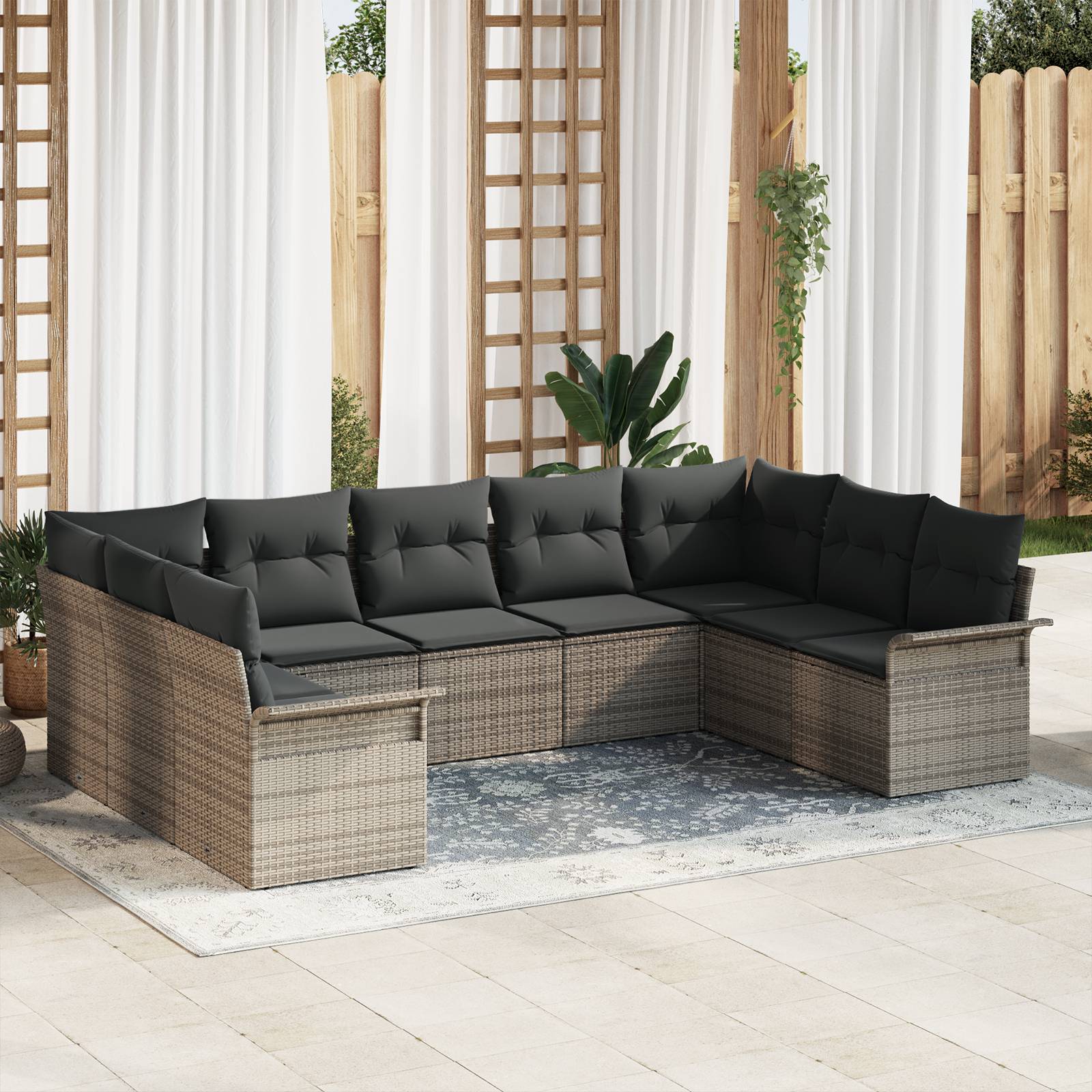 vidaXL 9-tlg. Garten-Sofagarnitur mit Kissen Grau Poly Rattan