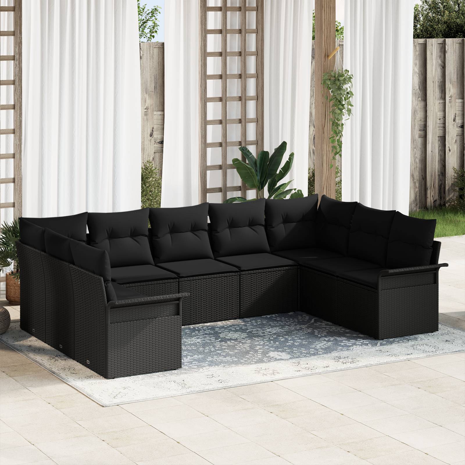 vidaXL 9-teiliges Garten Sofa Set mit Kissen Schwarz Poly Rattan