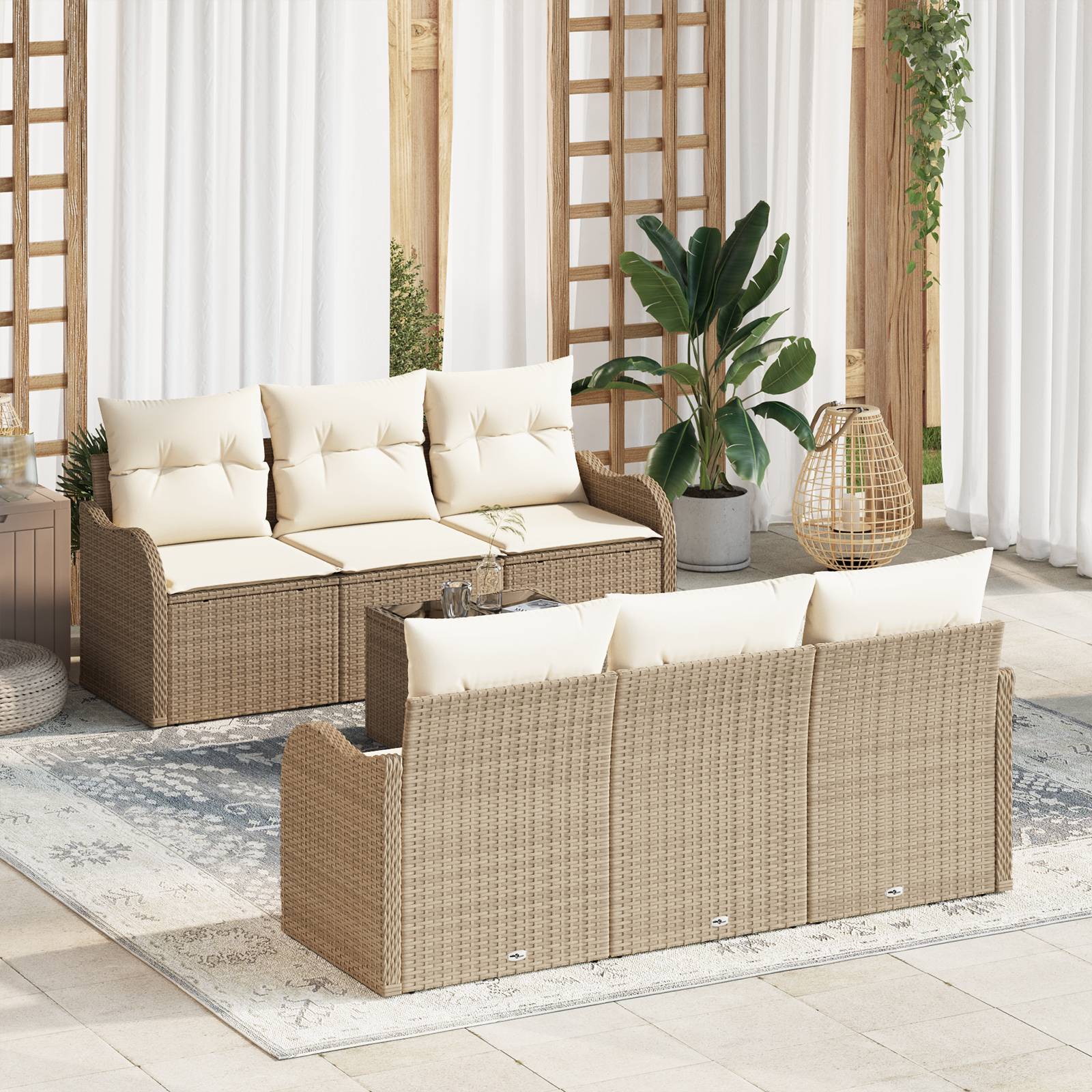 vidaXL 7-tlg. Garten-Sofagarnitur mit Kissen Beige Poly Rattan