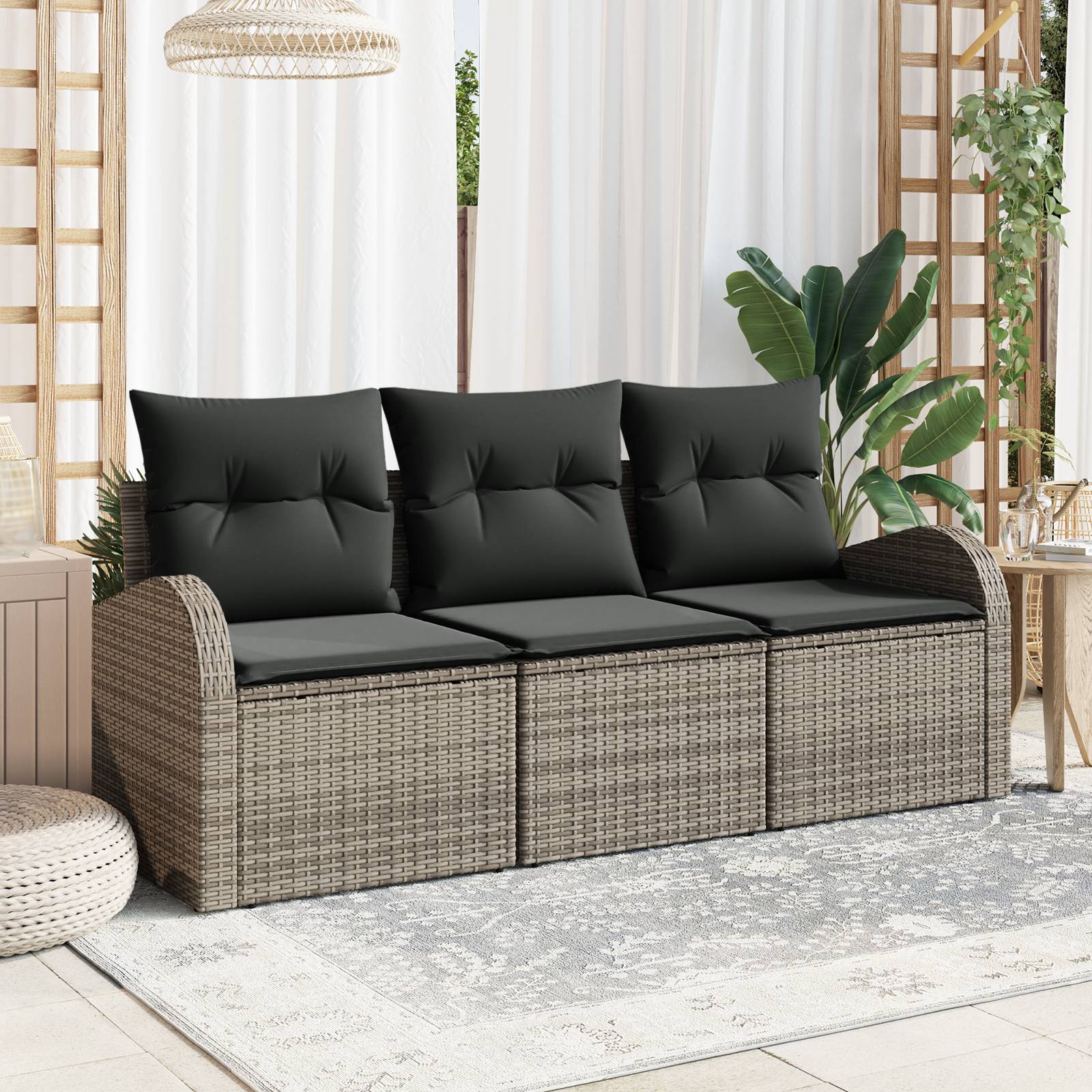 vidaXL 3-Teiliges Garten Sofa Set mit Kissen Grau Poly Rattan