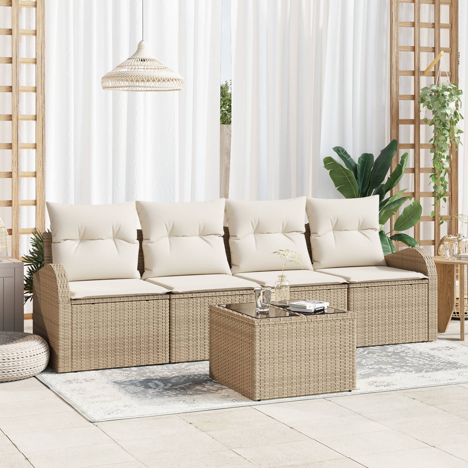 vidaXL 5-teiliges Garten-Sofa-Set mit Kissen Beige Poly-Rattan
