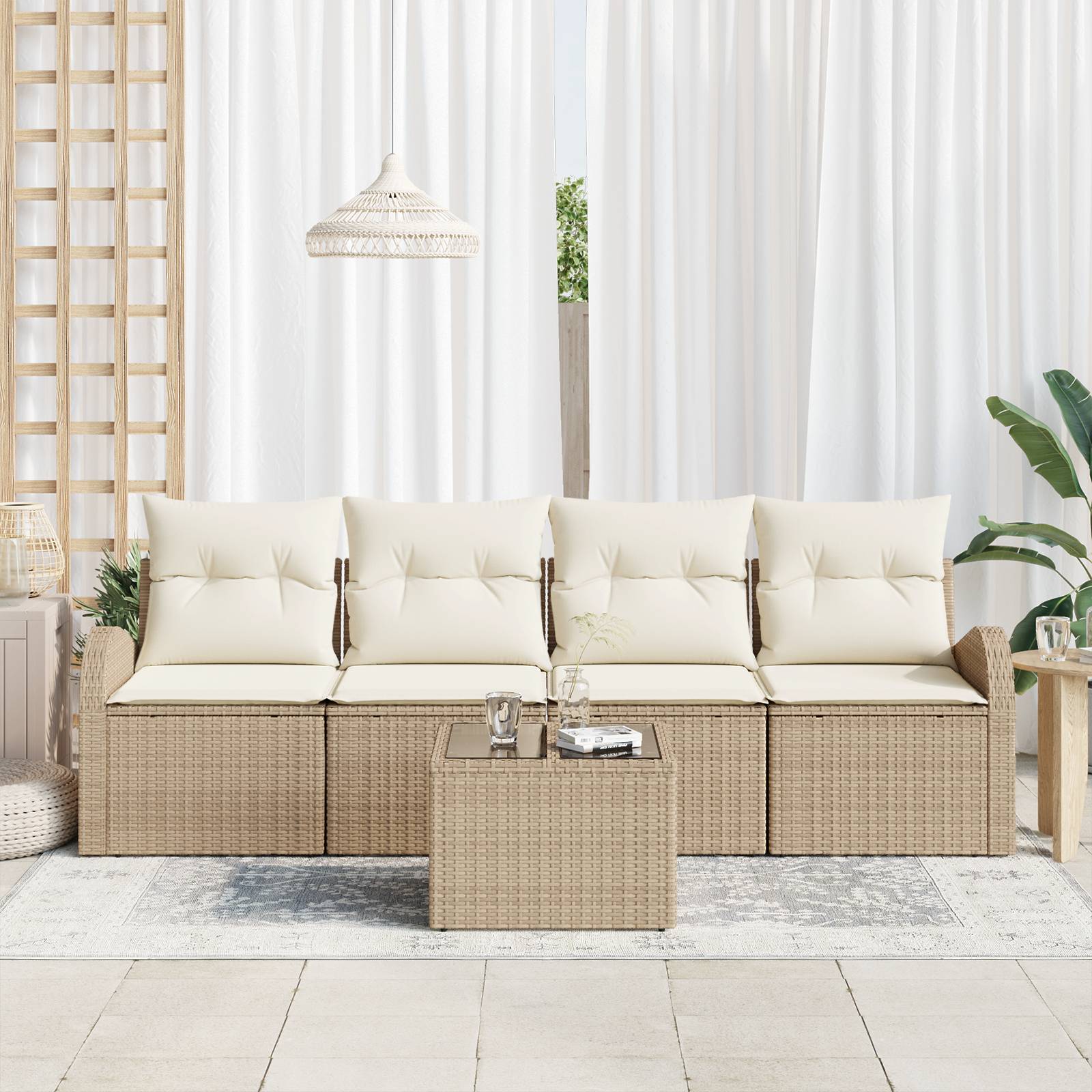 vidaXL 5-teiliges Garten-Sofa-Set mit Kissen Beige Poly-Rattan