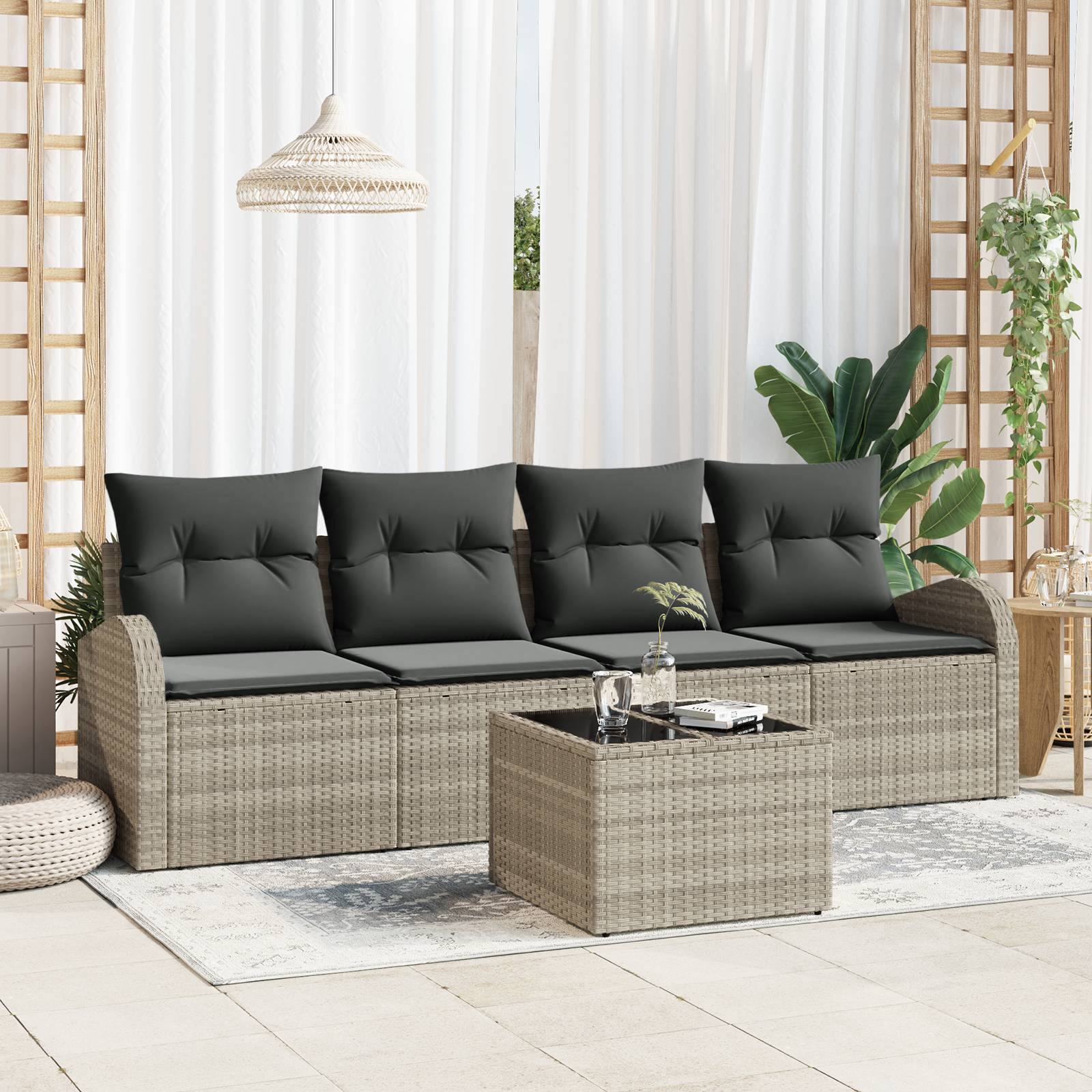 vidaXL 5-teiliges Garten-Sofa-Set mit Kissen in Hellgrau Poly-Rattan