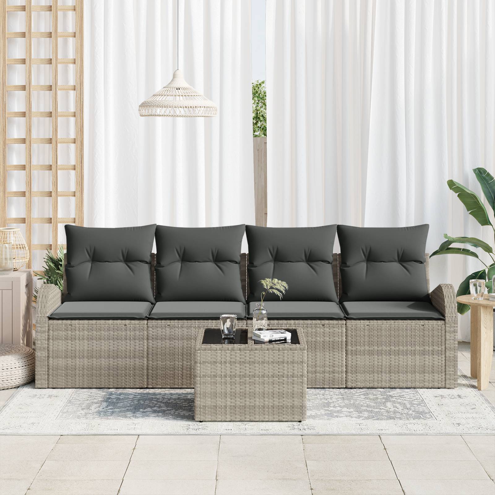 vidaXL 5-teiliges Garten-Sofa-Set mit Kissen in Hellgrau Poly-Rattan