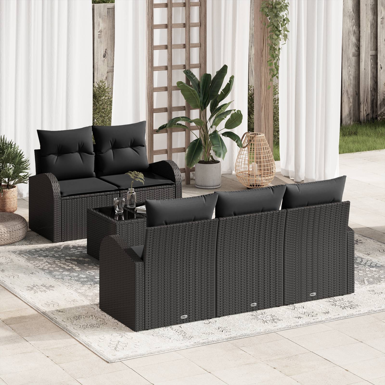 vidaXL 6-tlg. Garten-Sofagarnitur mit Kissen Schwarz Poly Rattan