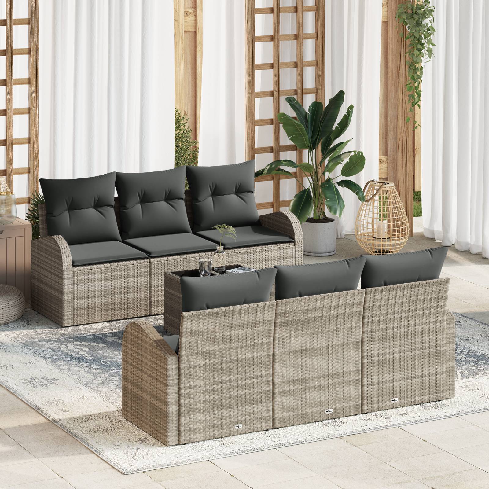 vidaXL 7-teiliges Garten Sofaset mit Kissen Hellgrau Poly Rattan