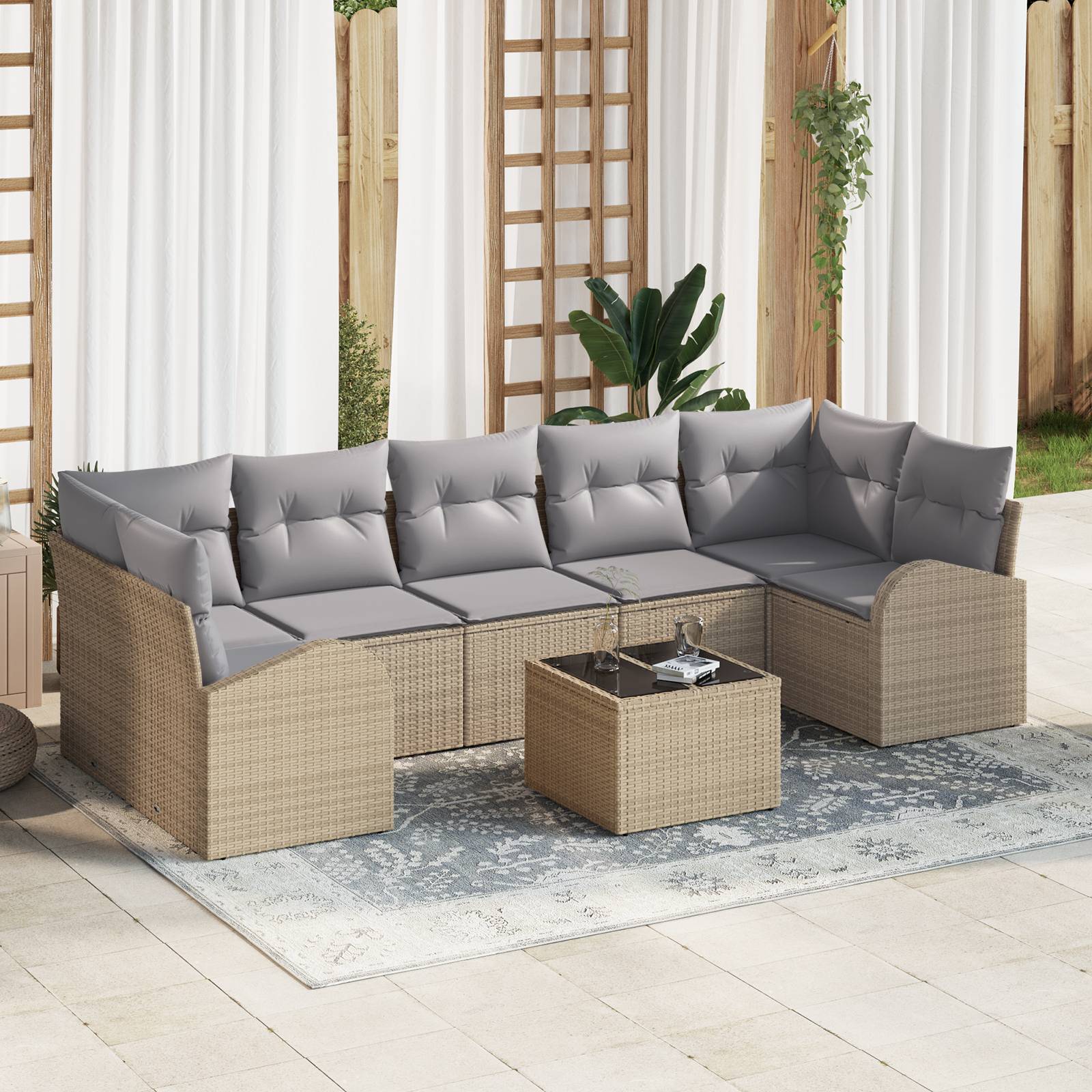 vidaXL 8-tlg. Garten-Sofagarnitur mit Kissen Beige Poly Rattan