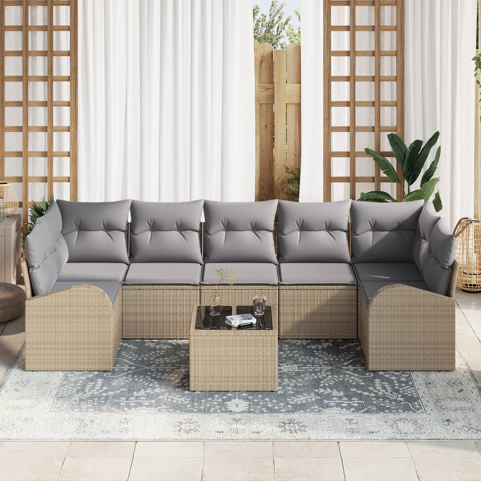 vidaXL 8-tlg. Garten-Sofagarnitur mit Kissen Beige Poly Rattan
