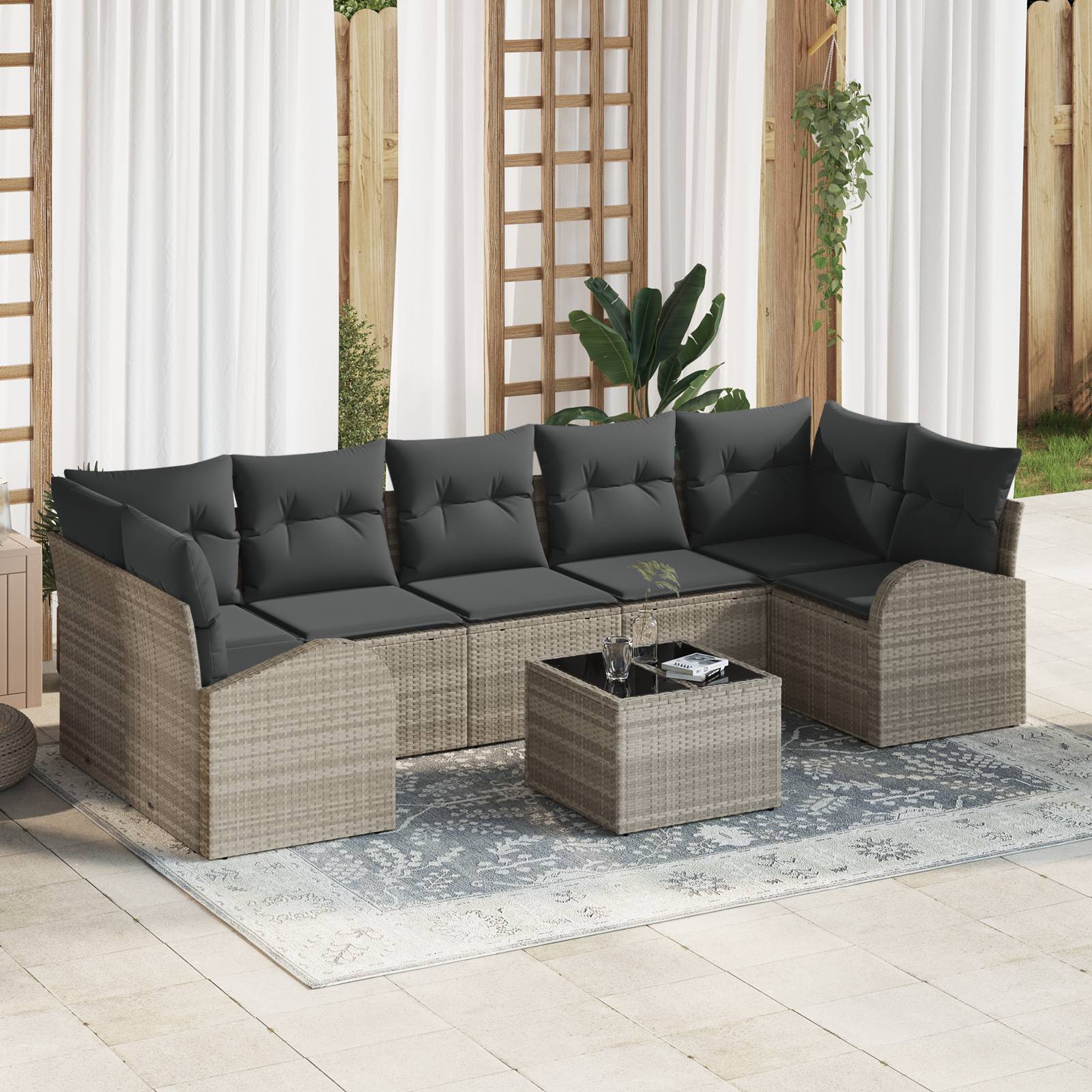 vidaXL 8-teiliges Garten-Sofa-Set mit Kissen Hellgrau Poly Rattan