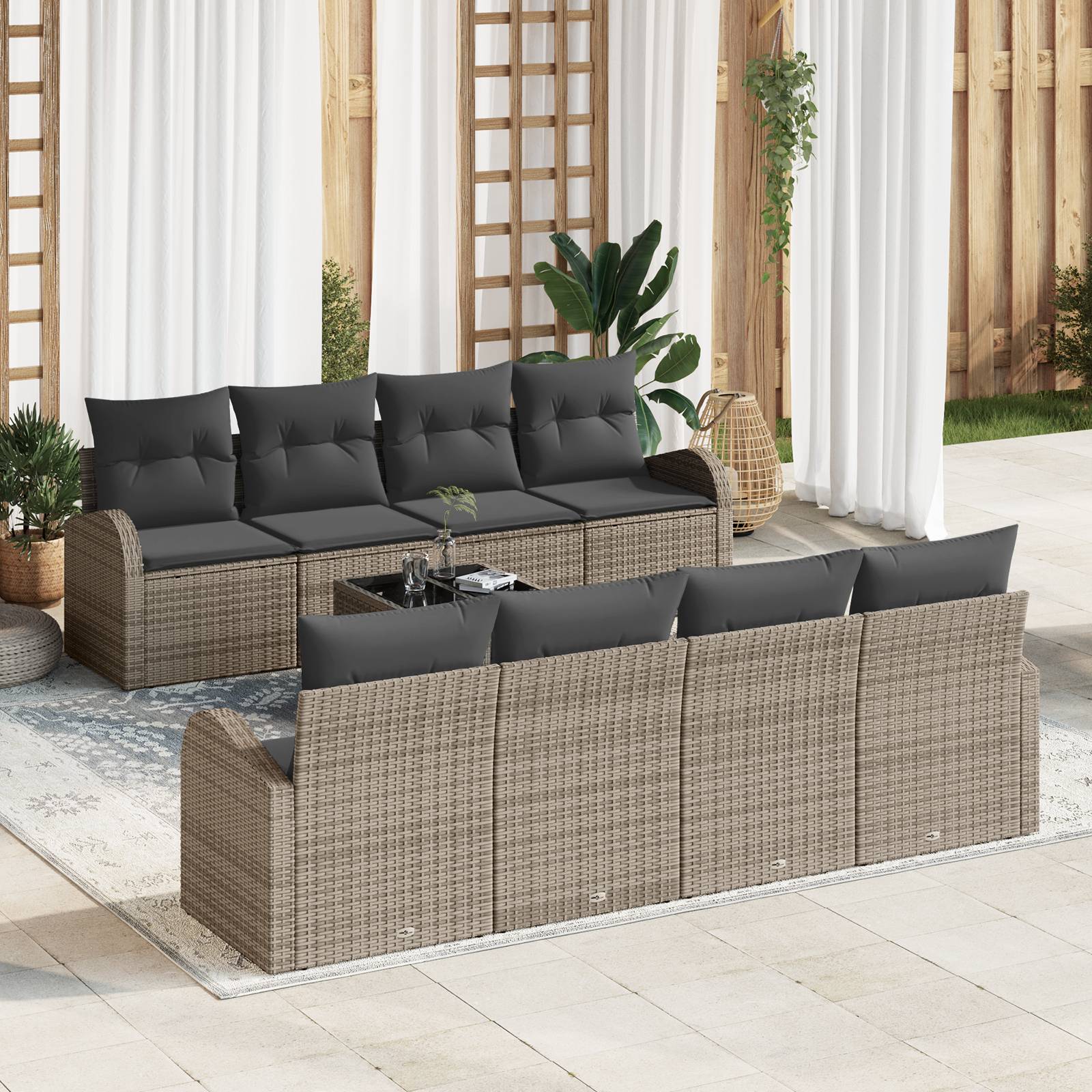vidaXL 9-tlg. Garten-Sofagarnitur mit Kissen Grau Poly Rattan