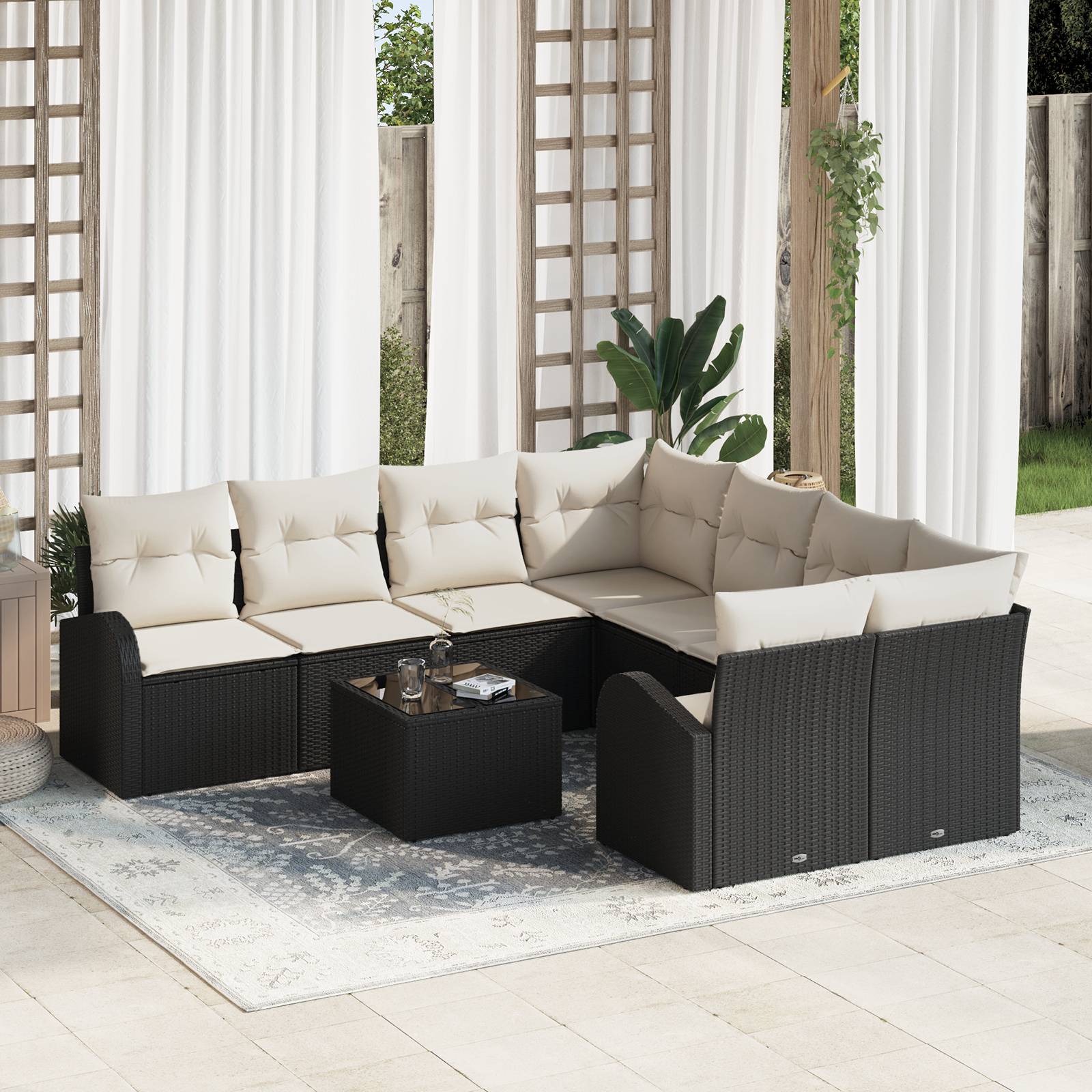 vidaXL 9-teiliges Garten-Sofa-Set mit Kissen Schwarz Poly Rattan