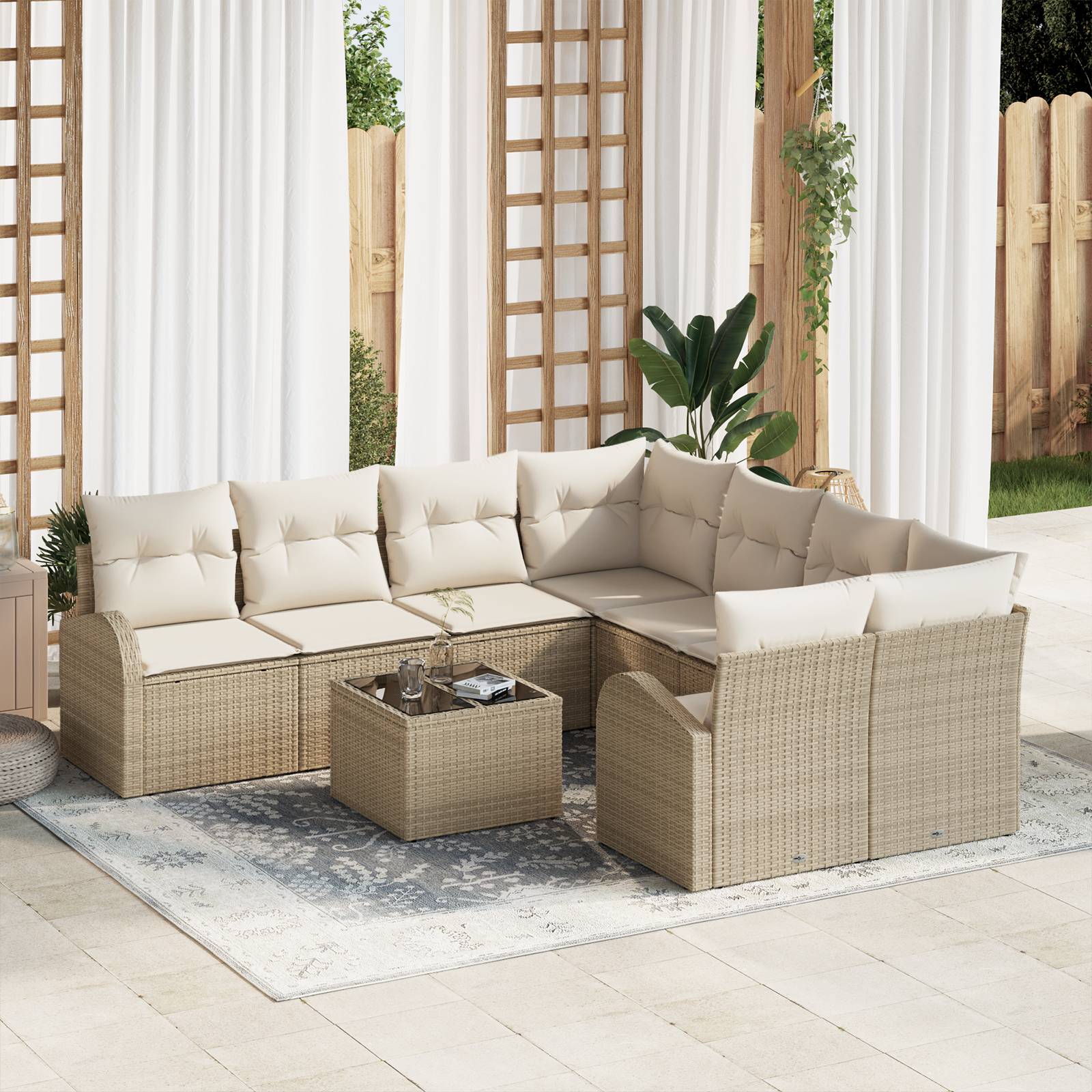 vidaXL 9-tlg. Garten-Sofagarnitur mit Kissen Beige Poly Rattan