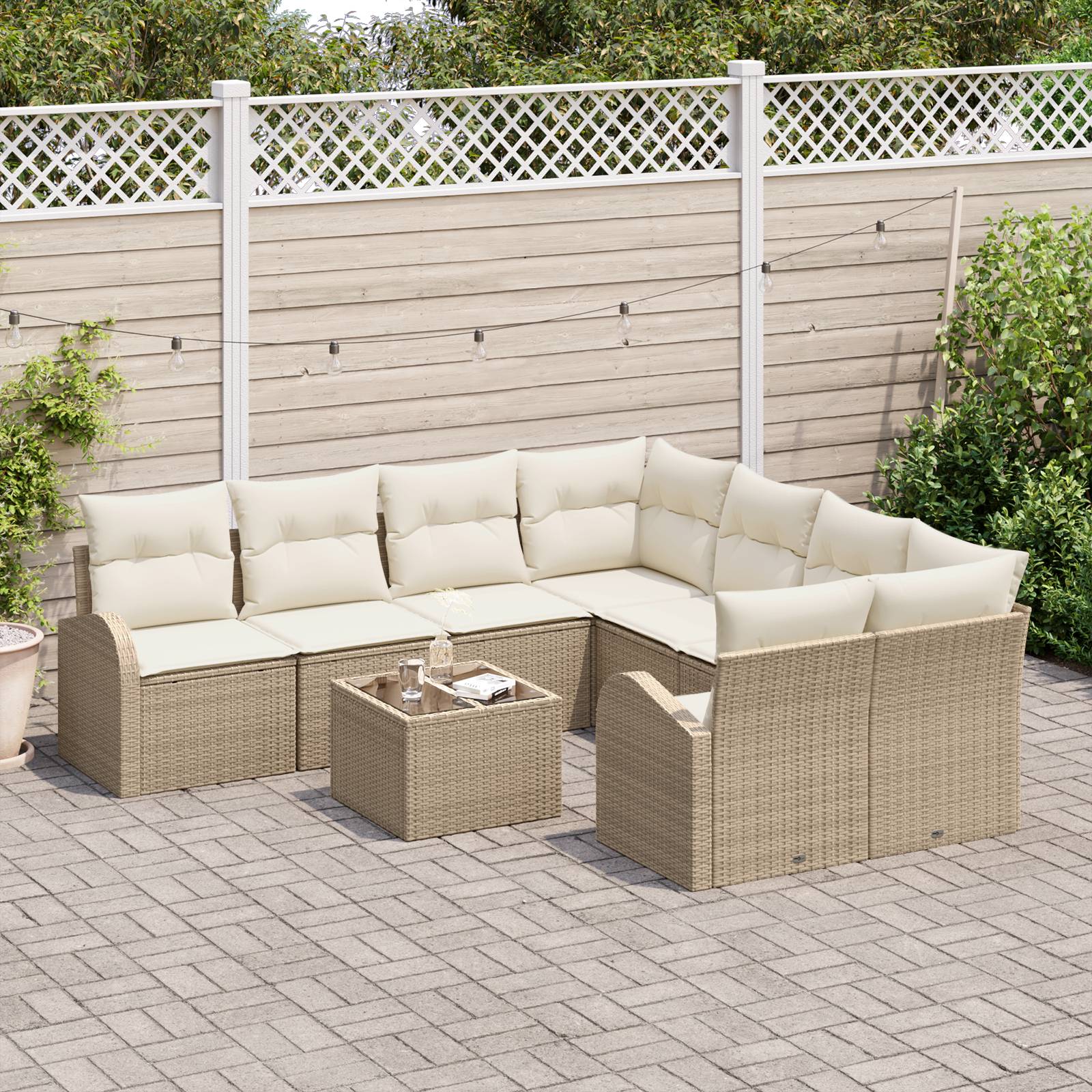 vidaXL 9-tlg. Garten-Sofagarnitur mit Kissen Beige Poly Rattan