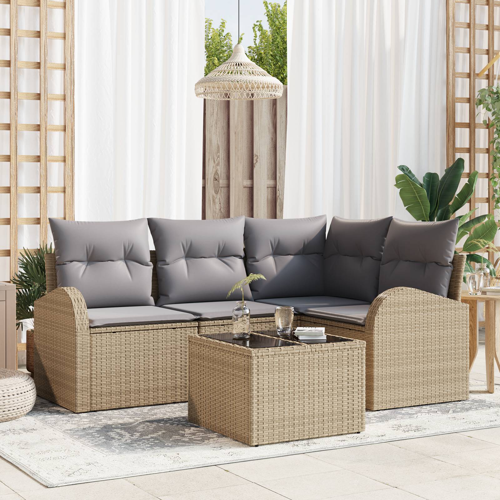 vidaXL 5-teilige Garten-Sofa-Set mit Kissen Schwarz Poly-Rattan
