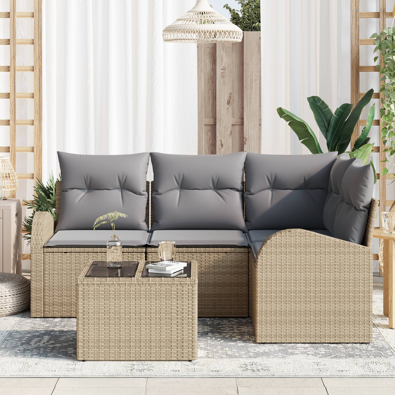 vidaXL 5-teilige Garten-Sofa-Set mit Kissen Schwarz Poly-Rattan