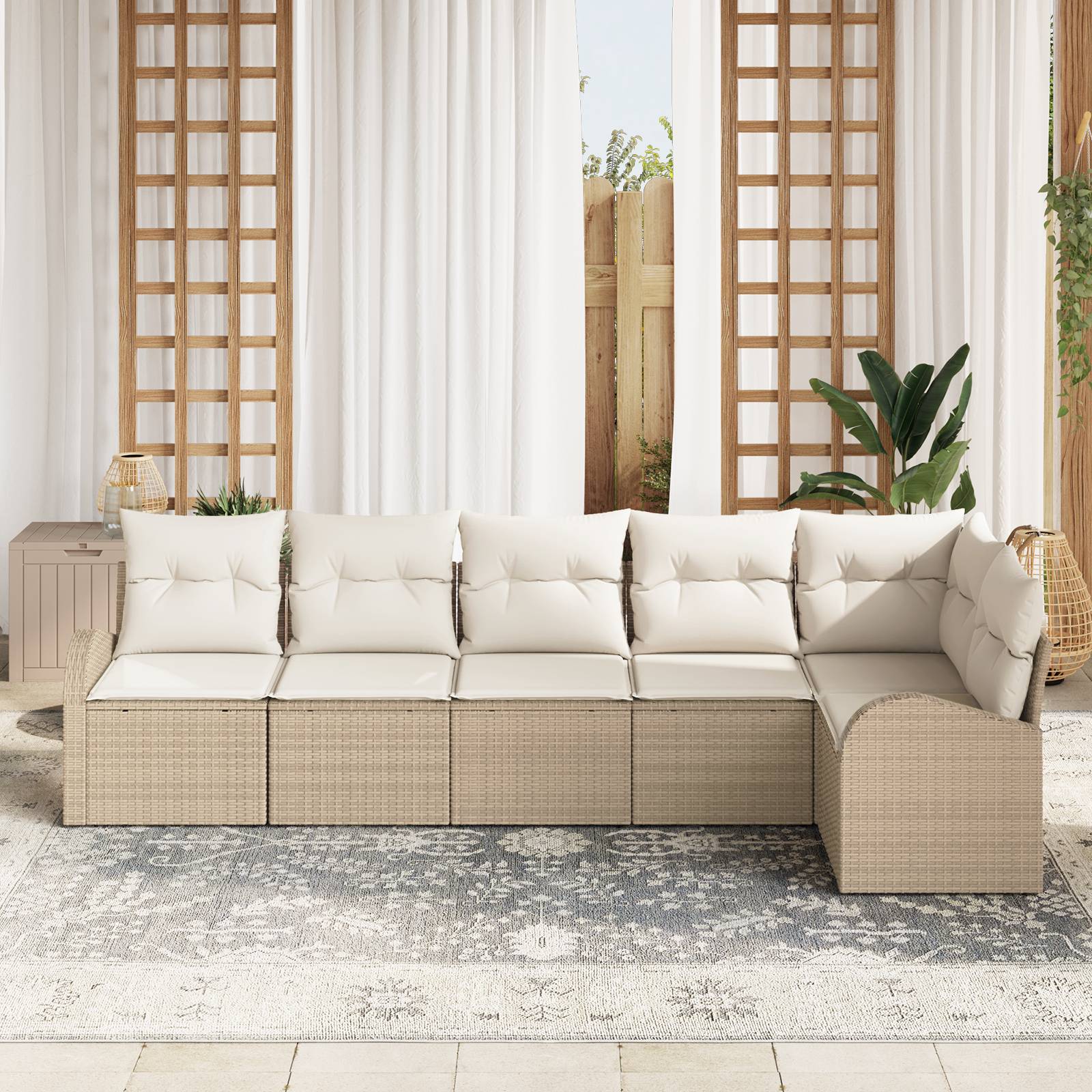vidaXL 6-teiliges Garten-Sofa-Set mit Kissen aus beige Poly-Rattan
