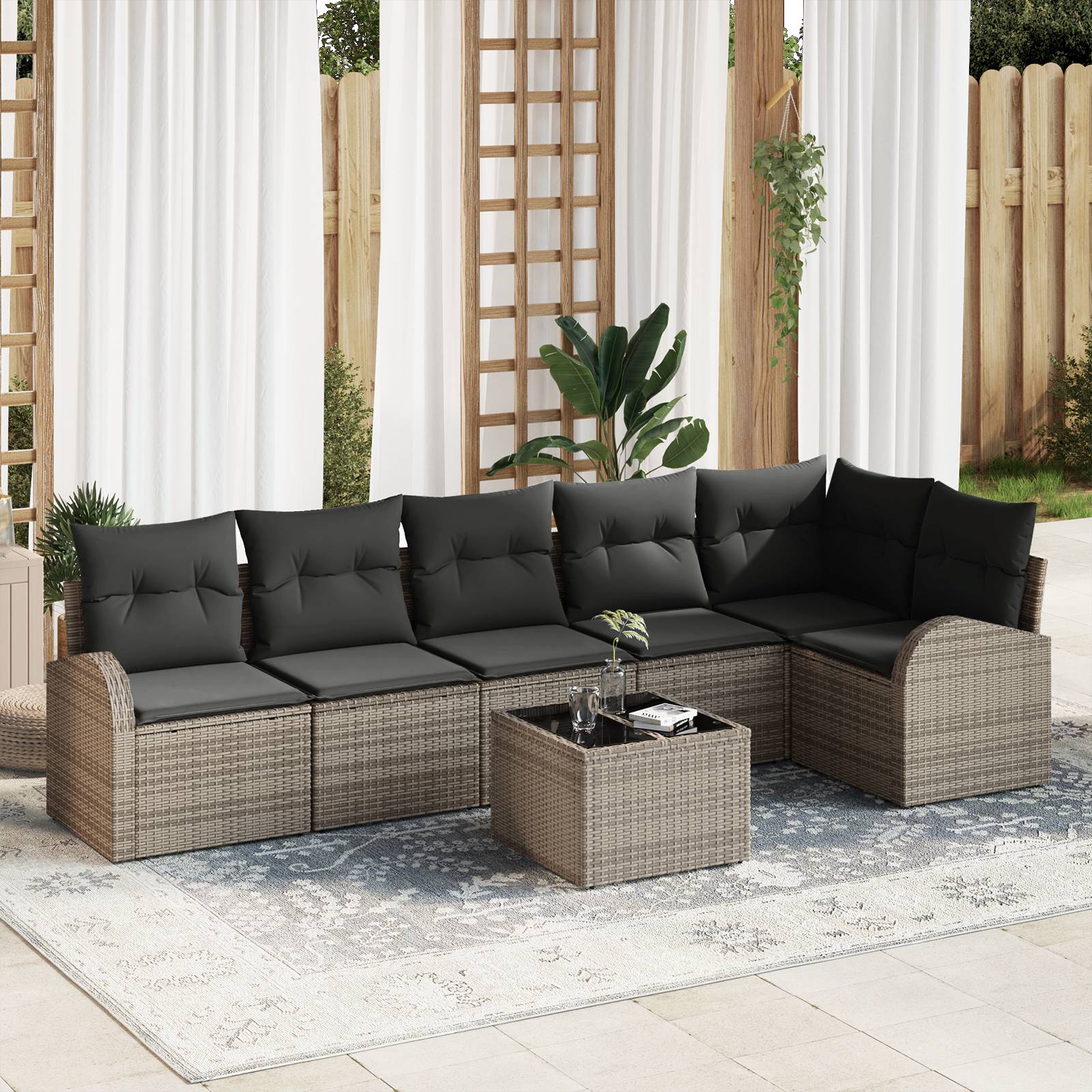 vidaXL 6-tlg. Garten-Sofagarnitur mit Kissen Schwarz Poly Rattan