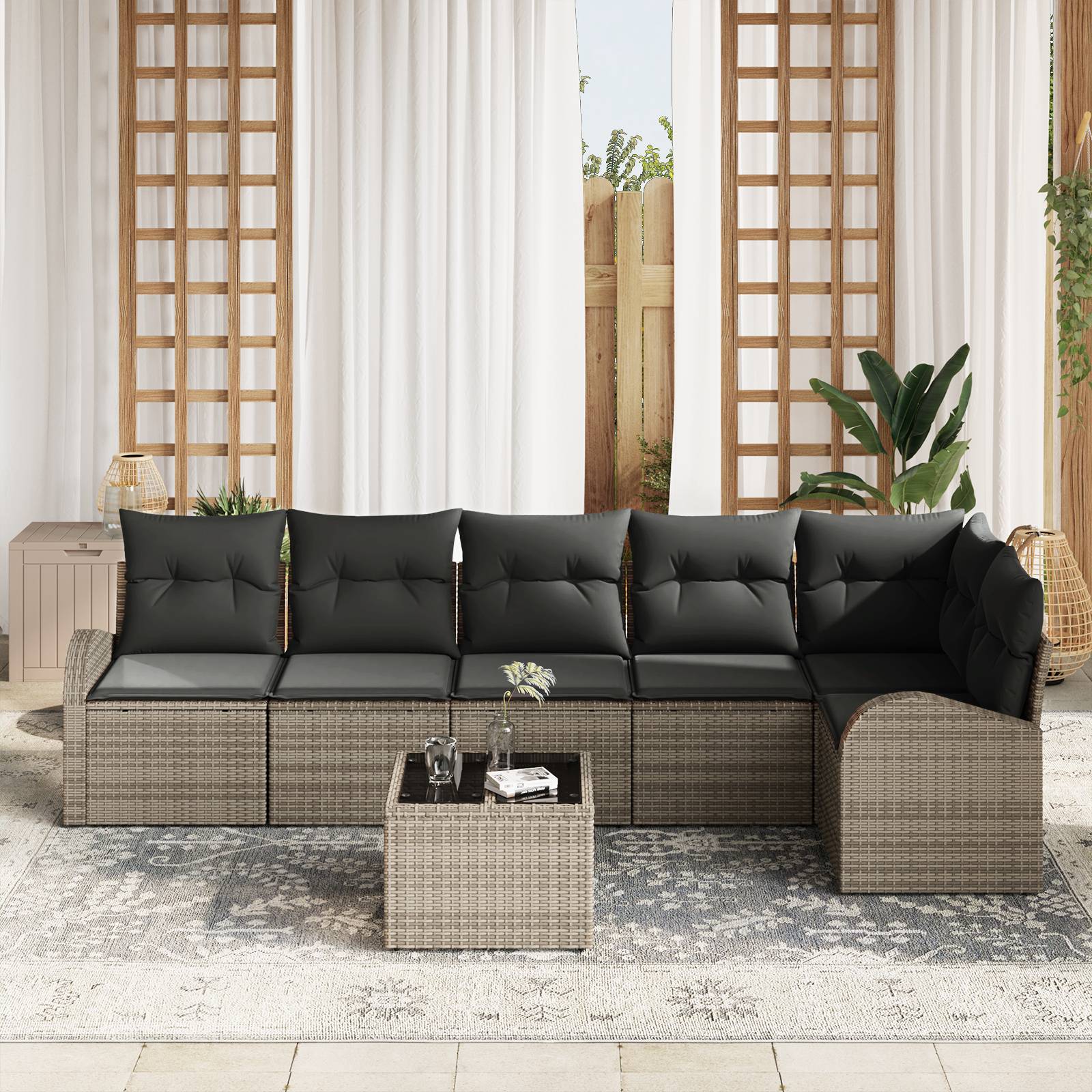 vidaXL 6-tlg. Garten-Sofagarnitur mit Kissen Schwarz Poly Rattan