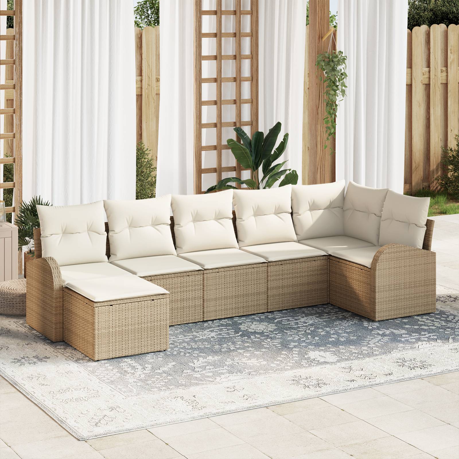 vidaXL 7-teiliges Gartensofa-Set mit Kissen, Beige Poly Rattan
