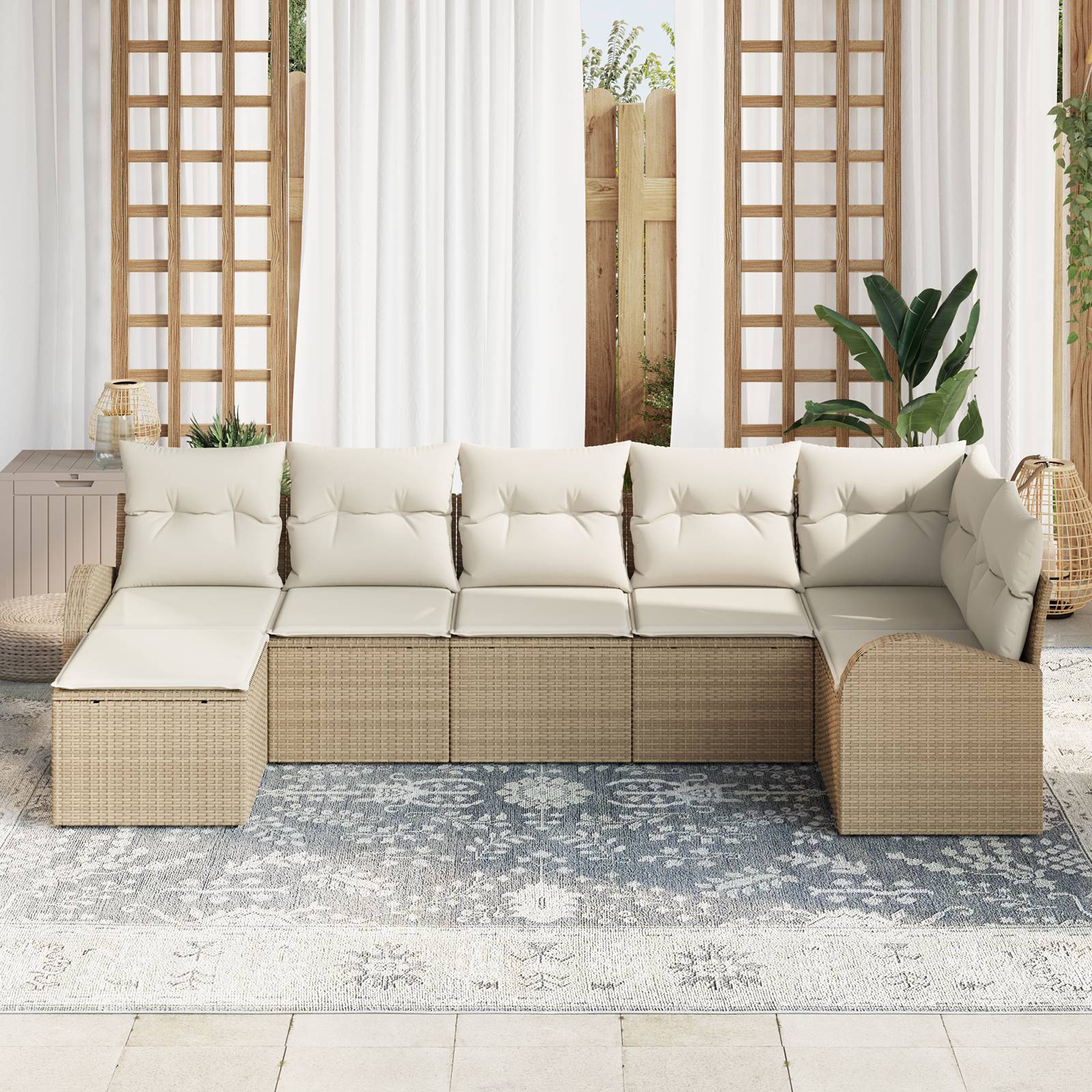 vidaXL 7-teiliges Gartensofa-Set mit Kissen, Beige Poly Rattan