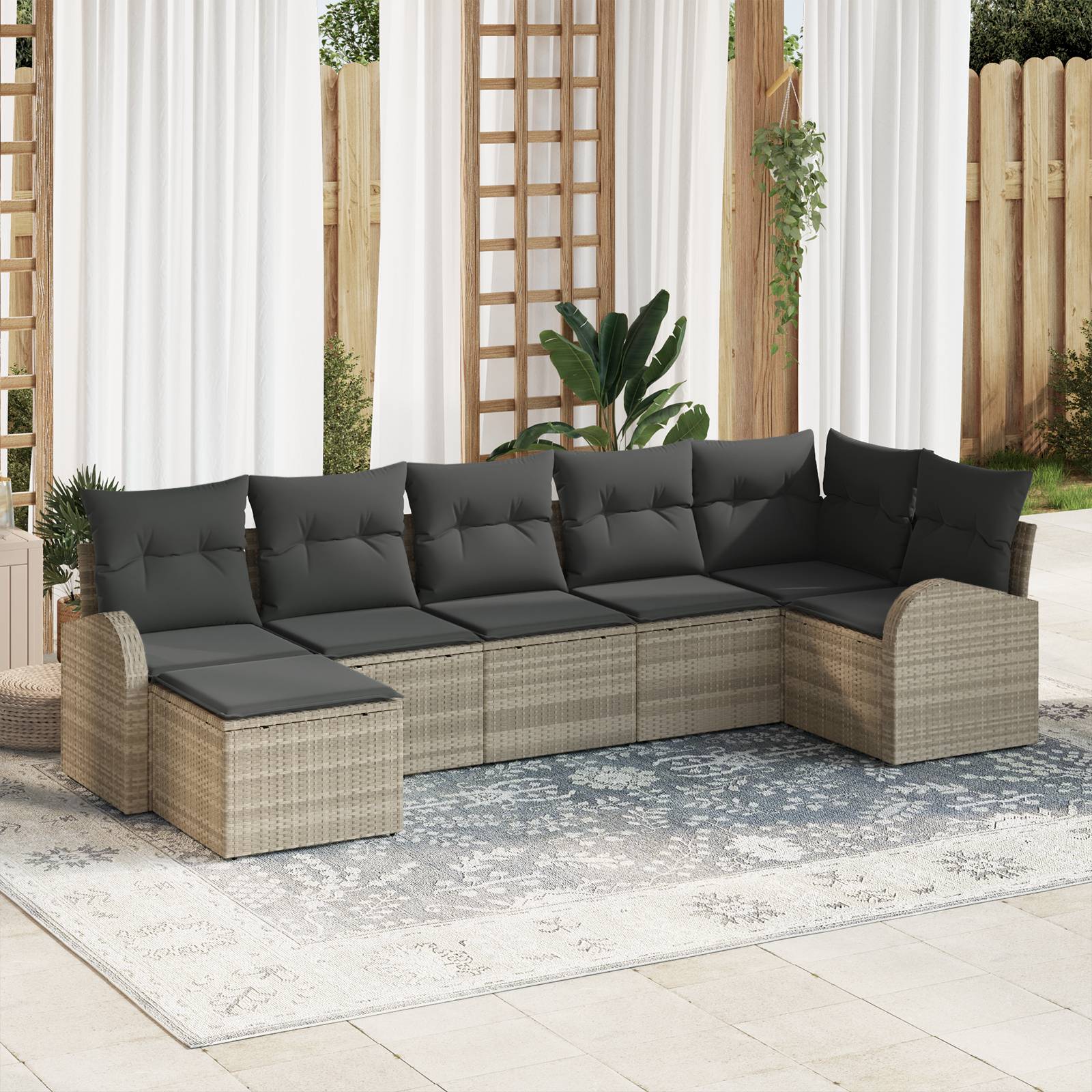 vidaXL 7-teiliges Garten-Sofaset mit Kissen Hellgrau Poly Rattan