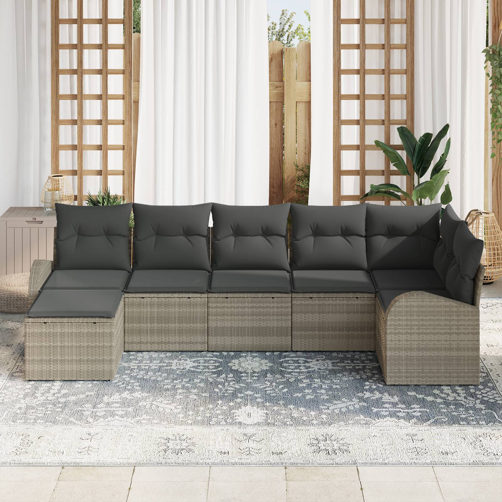 vidaXL 7-teiliges Garten-Sofaset mit Kissen Hellgrau Poly Rattan
